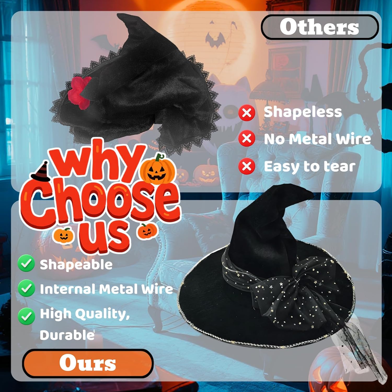 Halloween Witch Hat for Women Adult, Black Wizard Cosplay Costume Party Accessory Decoration(with Light) - Image 6