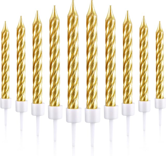 Blulu 50 Pieces Spiral Cake Candles in Holders Metallic Cake Cupcake Candles Short Thin Cake Candles for Birthday Wedding Party Cake Decorations (Gold)
