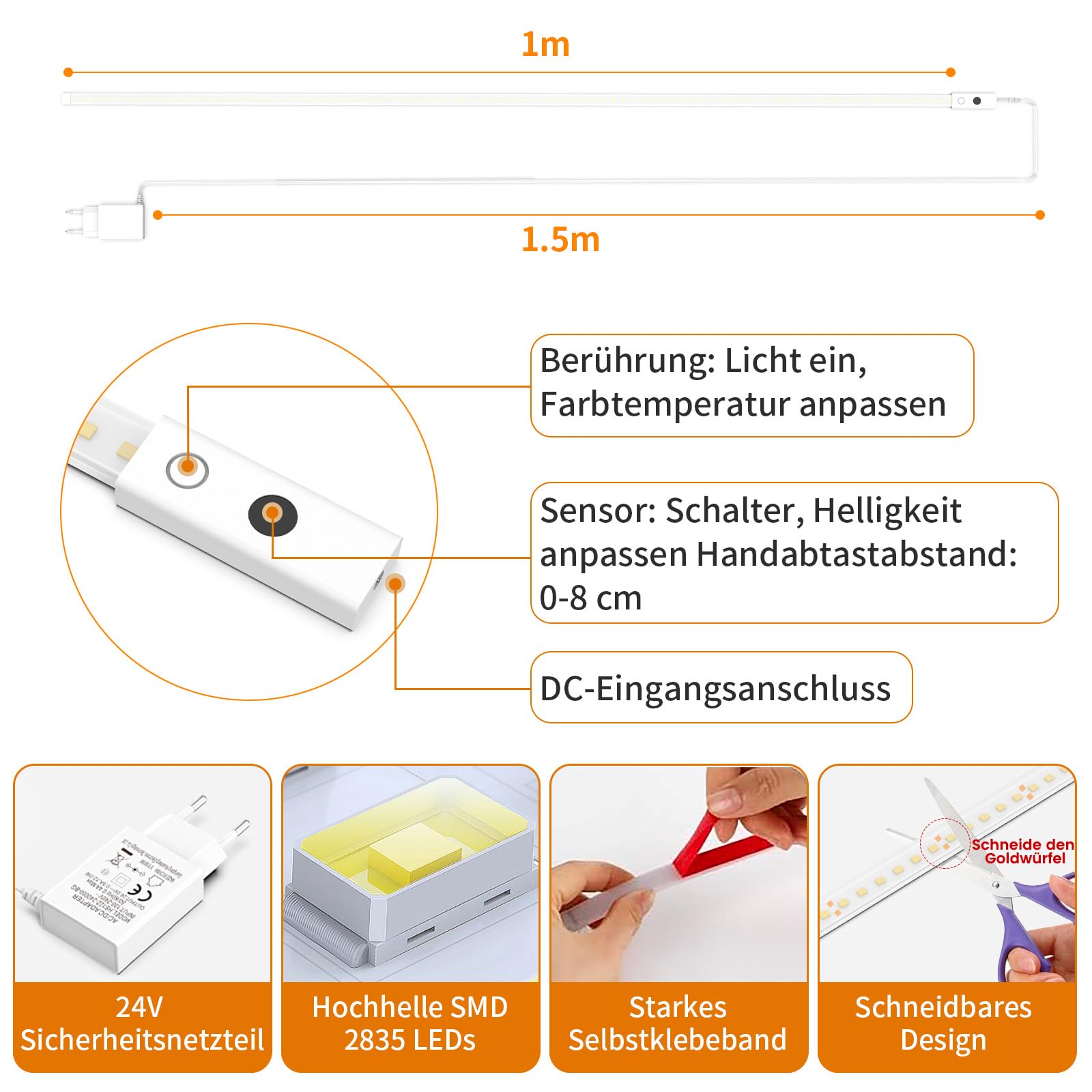 SIBI LIGHTING Lampada da incasso a LED, 3 pezzi, 1 m, dimmerabile, per cucina, autoadesiva, flessibile, in silicone, con alimentatore da 24 V, per cucina, ufficio, camera da letto