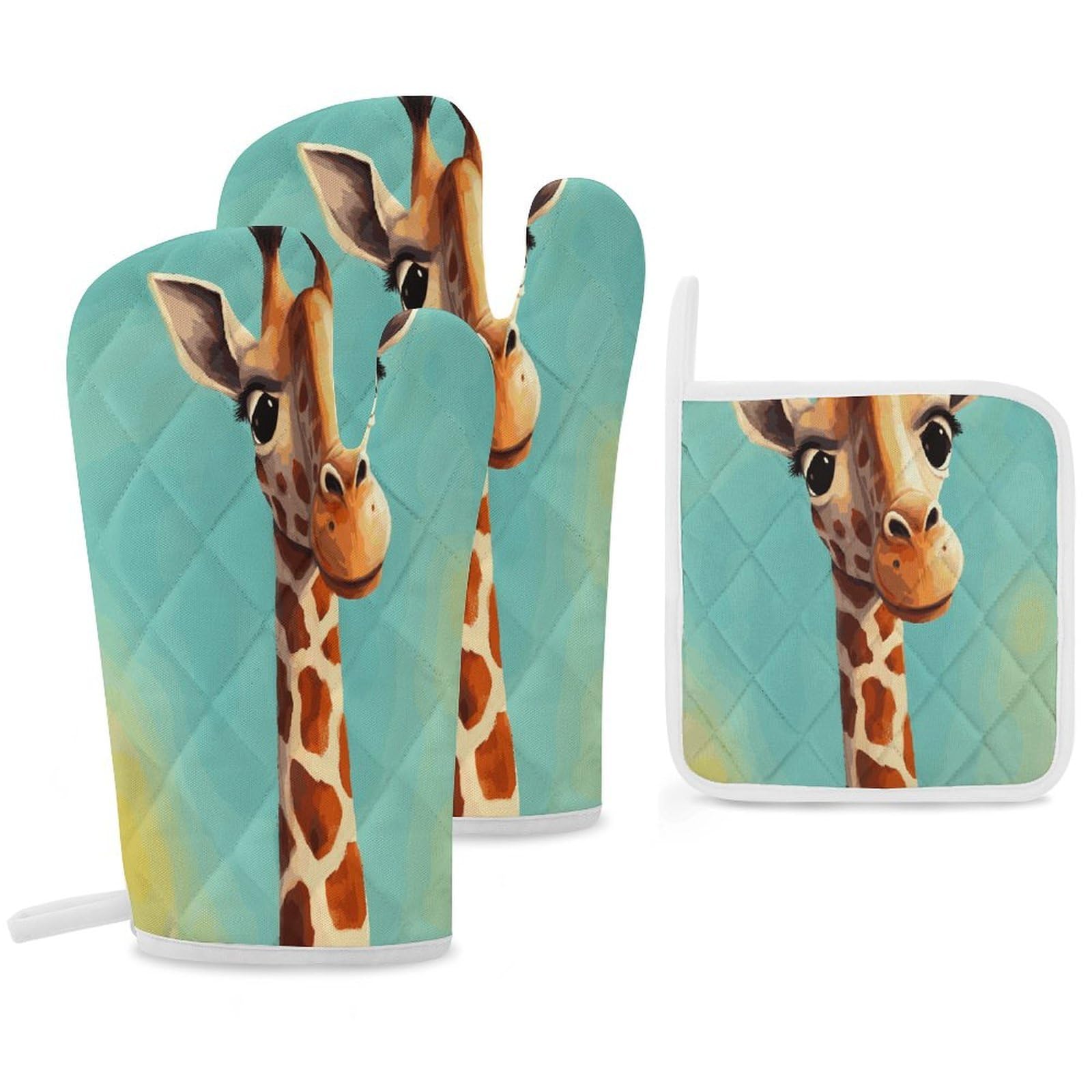 Fekiloot Style Funny Giraffe Art Oven Mitts Funny Heat Resistant,Oven Glove With Hanging Loop,Resistant Hot Pads For Kitchen Baking Grilling Cooking