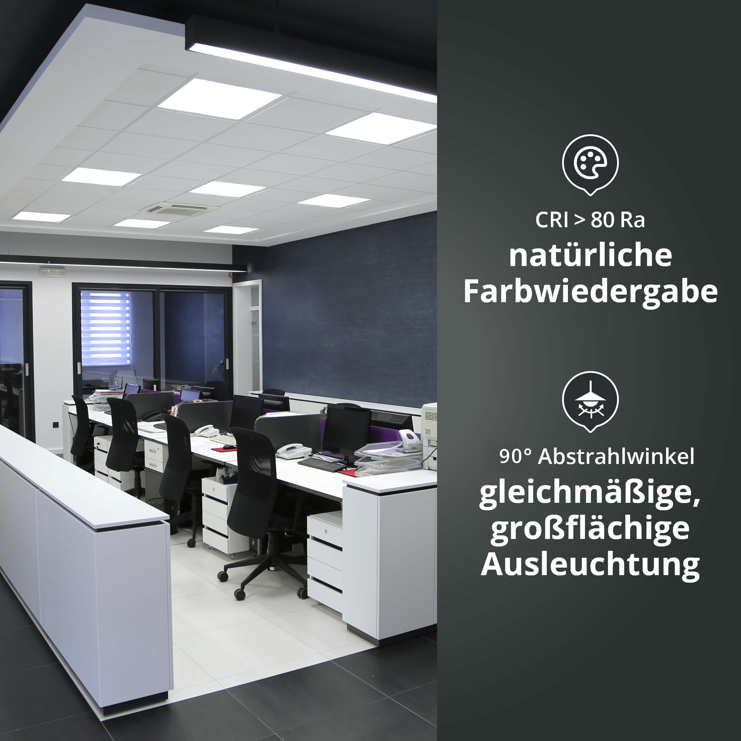 2x LED Panel 62x62cm tageslichtweiß 5000K, 18W/25W, 3600lm/5000lm, flimmerfrei, blendarm, UGR≤22, extrem effiziente 200lm/W, Einlegeleuchte für Rasterdecken 62,5cm, mit Netzteil, L620xB620xH35mm