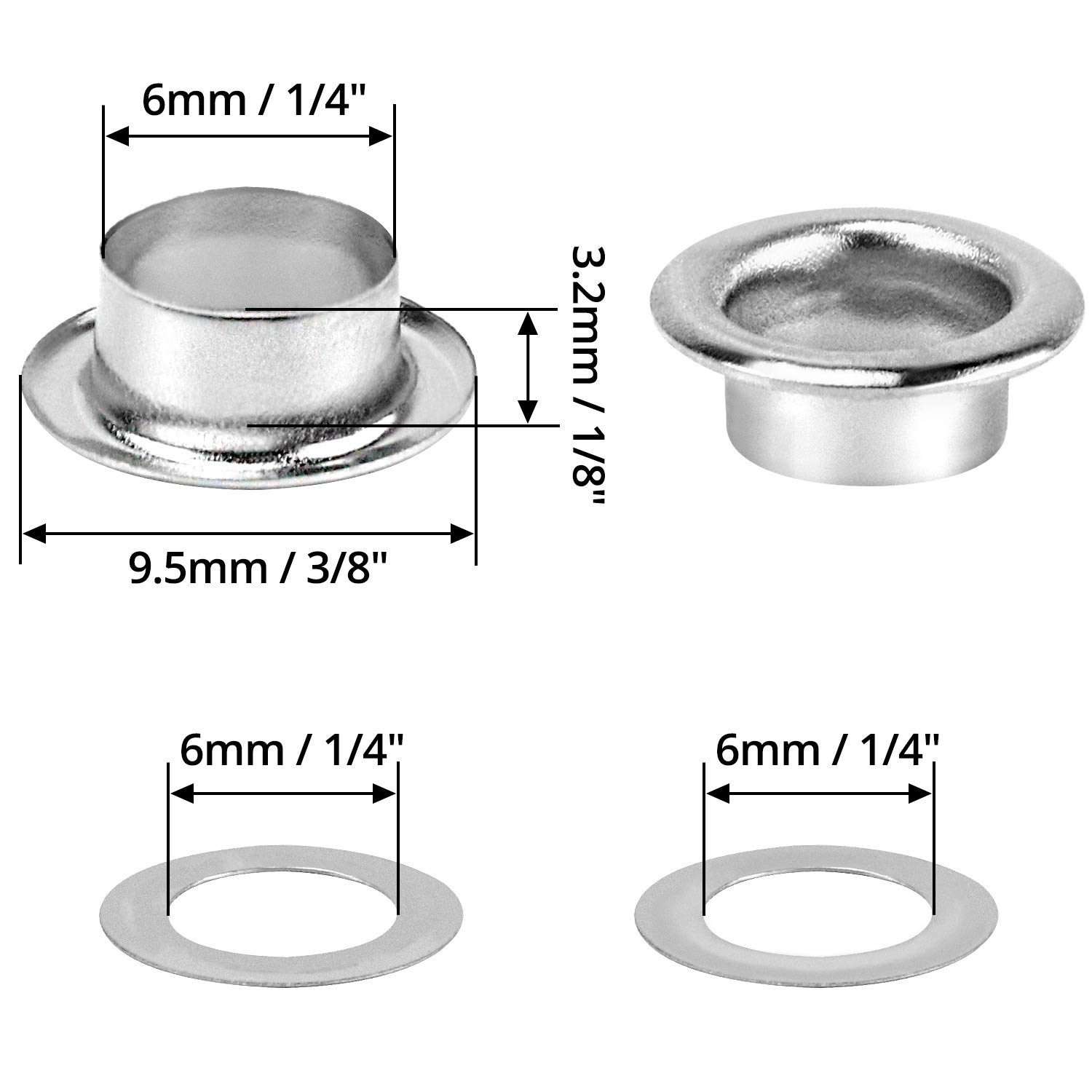 QWORK Zestaw narzędzi do przelotek, 1000 sztuk oczek przelotek i 1000 sztuk podkładek do oczek, 6 mm (1/4 cala), srebrny, do butów, odzieży, plandek z tkaniny skórzanej,washer self backing