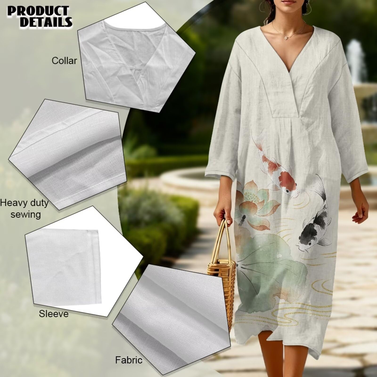 Wanyint Abito boho chic da donna con maniche a 3/4, scollo a V, tunica midi fluida, abito casual da spiaggia e chiesa, S-4XL