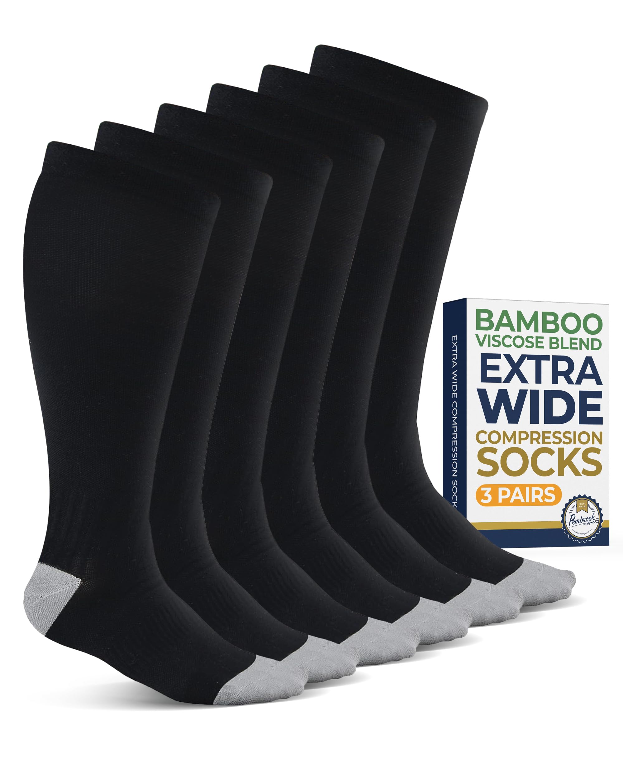 Pembrook 3 Pairs Plus Size Compression Socks Wide Calf - Bamboo Viscose Compression Socks for Women Wide Calf