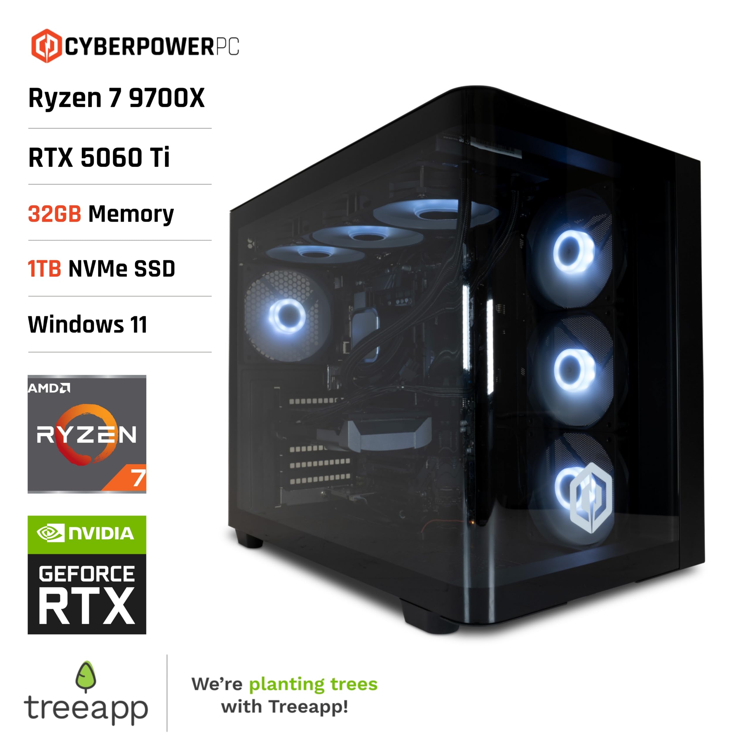 CyberpowerPC Luxe Gaming PC - AMD Ryzen 7 9700X, Nvidia RTX 5060 Ti, 32GB RAM, 1TB NVMe SSD, 650W PSU, Windows 11, Liquid Cooling, Ark Curve Black