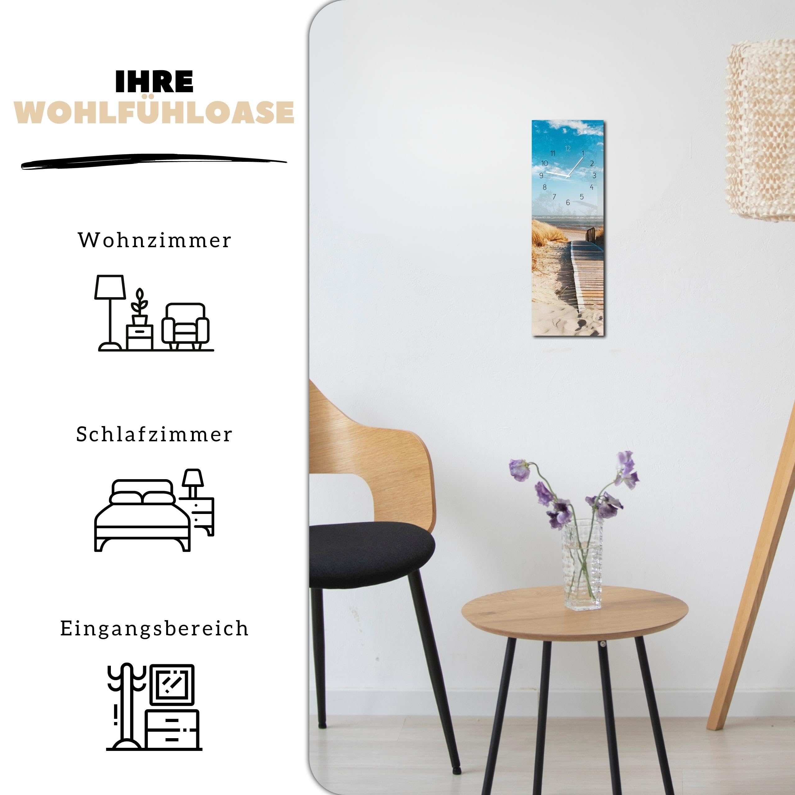 Wanduhr Sunny Beach 20 x 60 cm (OHNE TICKGERÄUSCHE) – Glasuhr inklusive Wandaufhängung – Lautlose Uhr Made in EU für Wohnzimmer, Esszimmer, Flur oder Schlafzimmer – einfache Montage