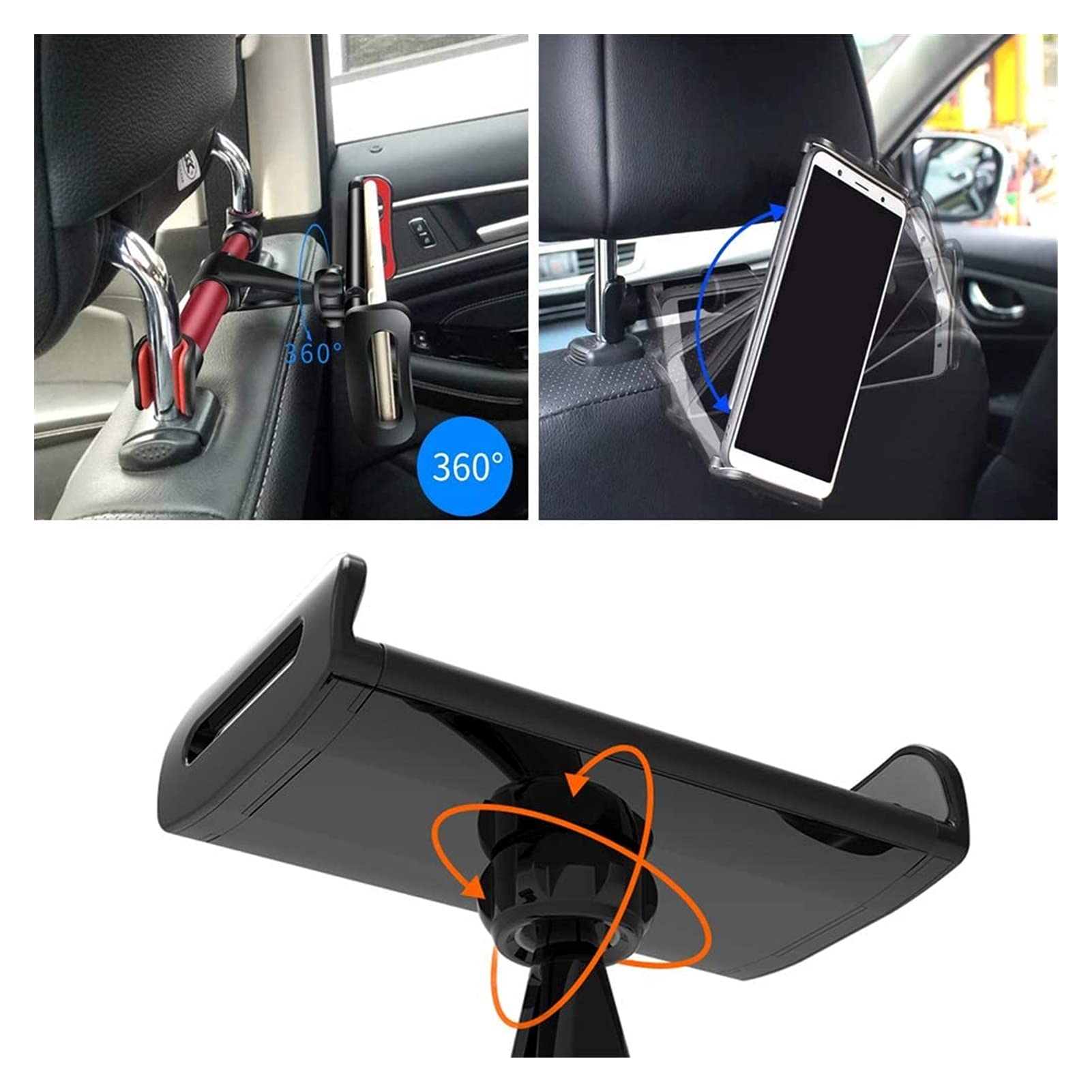 JJJ Samochodowy uchwyt na tablet z możliwością obrotu o 360 stopni, regulowany do smartfonów, tabletów, iPadów i czytników e-booków 11,5-20 cm, czarny i srebrny