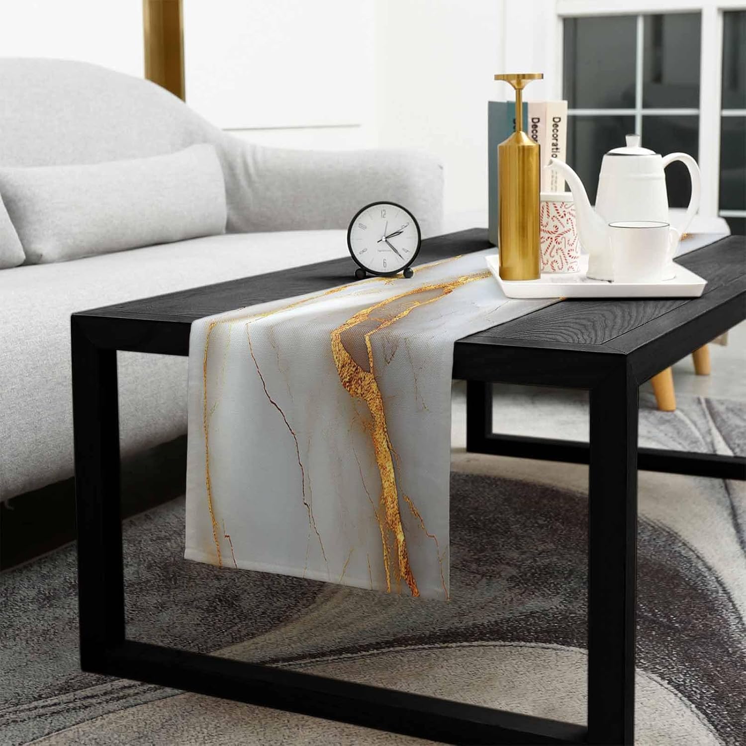 Marble Gold Grey Burlap-Cotton Table Runner 13x108 Inches Long, Modern Abstract Minimalist Art Durable Farmhouse Table Runners, Outdoor Dining Tablecloths Decor for Baby Shower/Party/Wedding