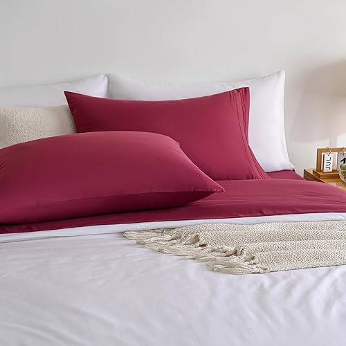 Miniatura 7 de Juego de sábanas Queen color rojo vino, estilo hotel de lujo, juego de sábanas bajeras de bolsillo extra profundo, sábanas de microfibra y fundas de