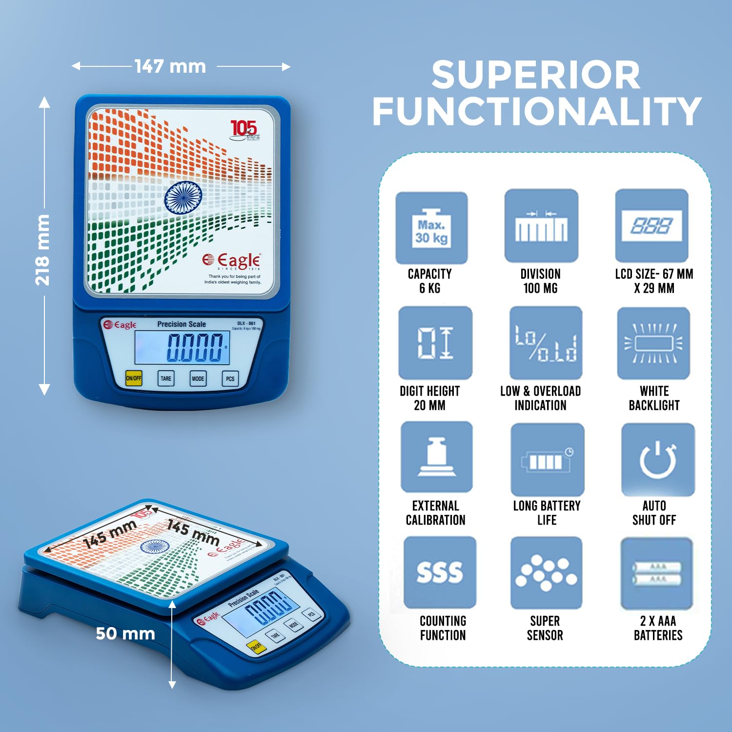 Diagram showing superior functionality features of the Eagle DLX-061 scale