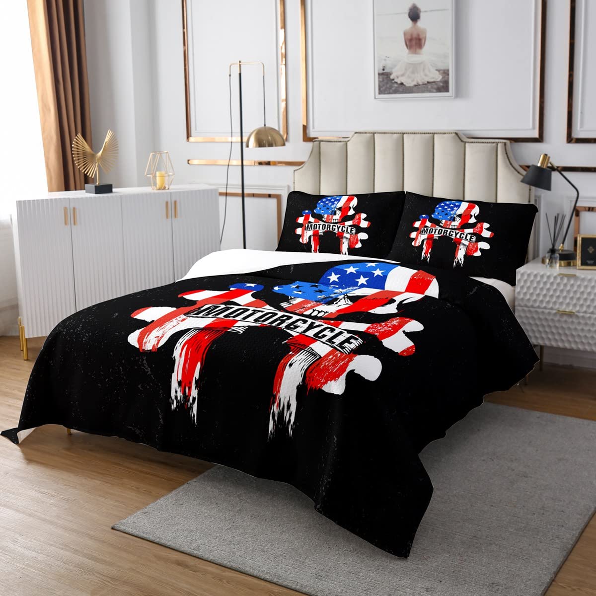 Coperta In Microfibra Con Motivo Motoslitta E Bandiera USA - 127x152 Cm, Morbida E Calda, Per Bambini E Adulti, Stile Sportivo
