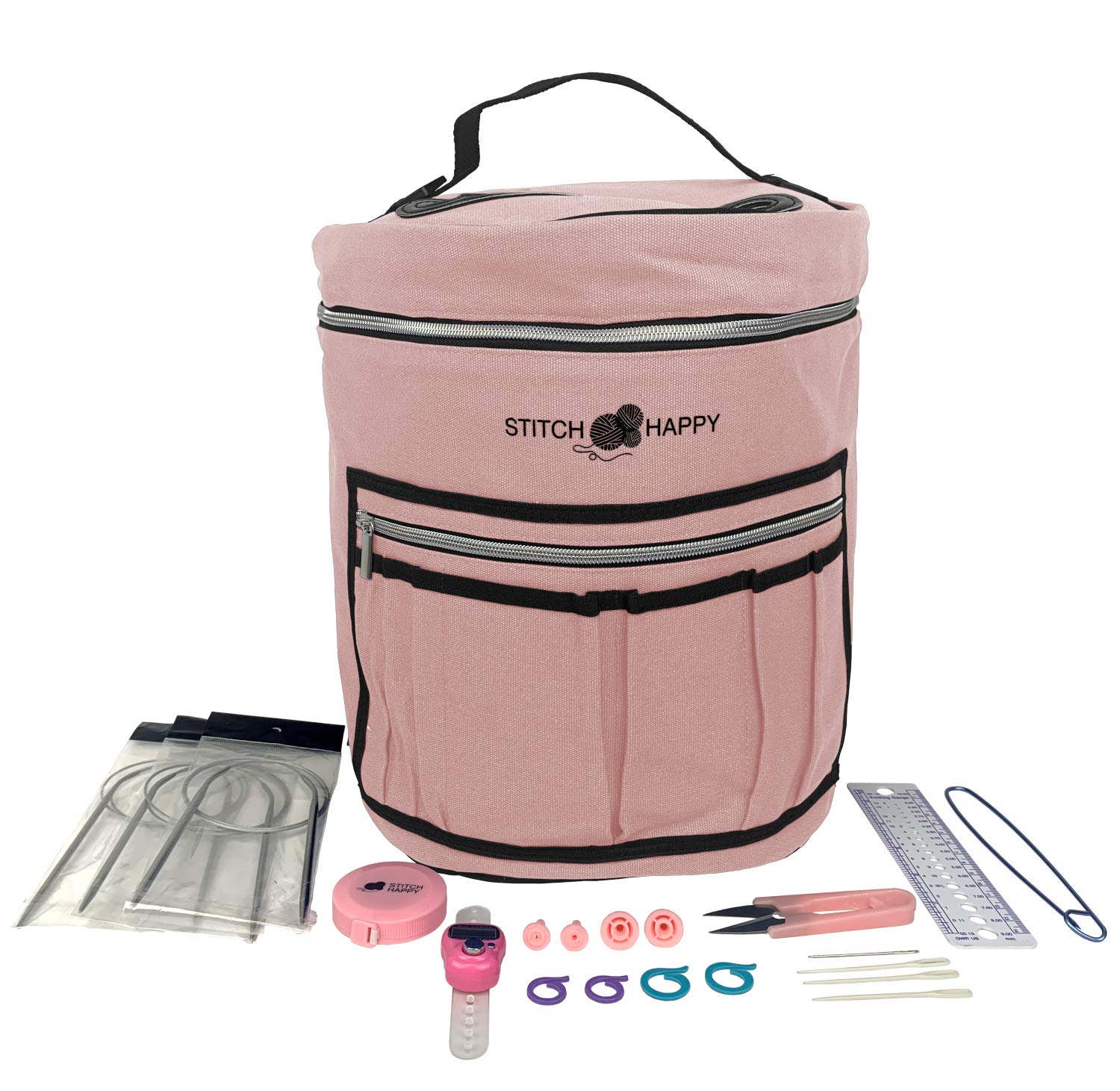 Designer Stitch Happy Knitting Starter Kit: 20 Piece Knitting Kit for Beginners &amp; 7 Pocket Yarn Bag, Signature Yarn Storage - Tan