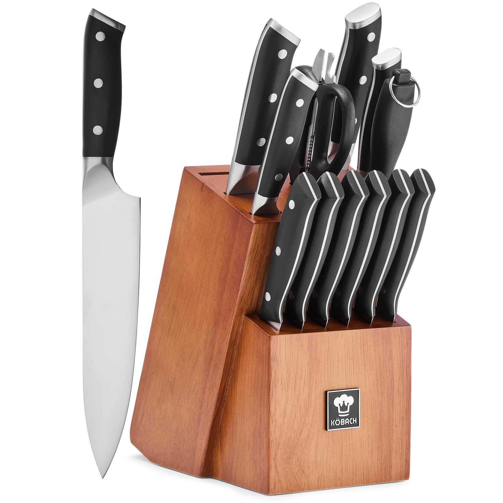 14 PCS Knife Set with Oak Wood Block,High Carbon Stainless Steel Kitchen Knife Set with Chef Knife, Santoku, Bread, Paring,Steak Knives, Kitchen Shears Sharp Knife Block Set with Sharpener