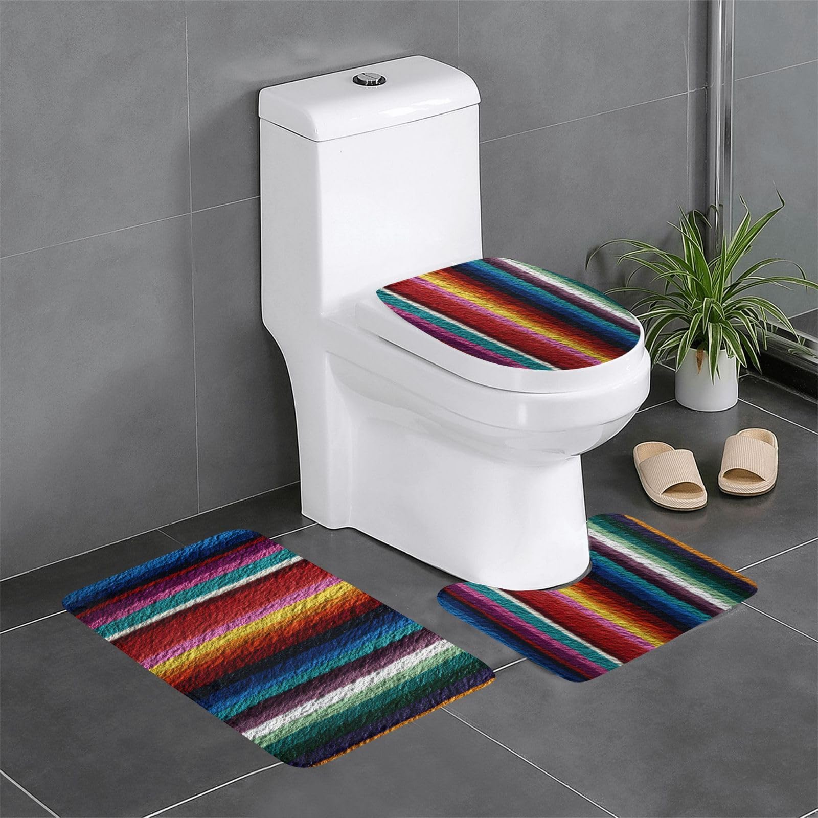 Tapis de salle de bain antidérapant lot de 3 aux rayures mexicaines pour déco colorée