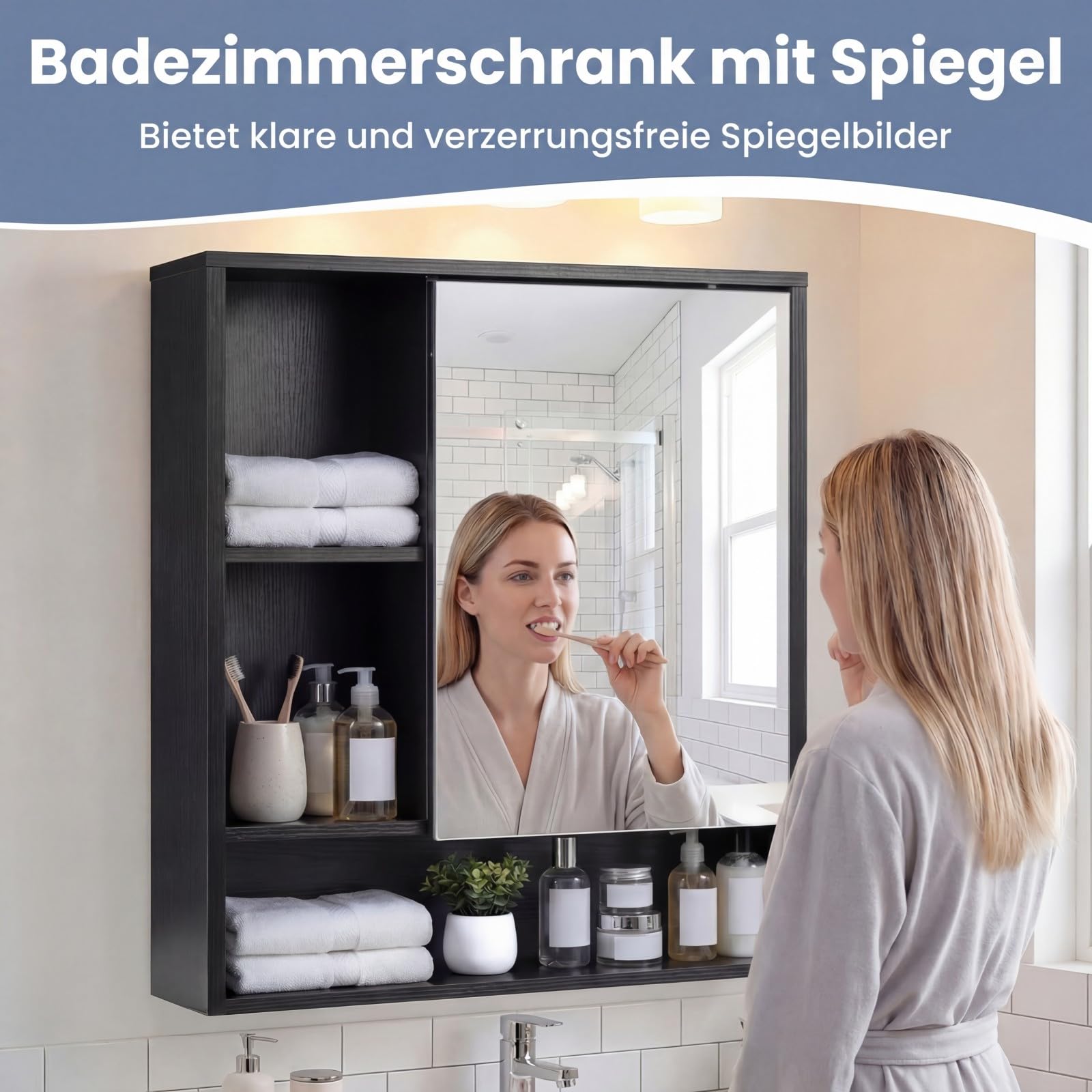 COSTWAY Spiegelschrank, Badezimmerschrank mit Spiegeltür & 3 offenen Regalen, Hängeschrank, Aufbewahrungsschrank, Wandschrank für Waschküche, Badzimmer & Flur, 56 x 16 x 61 cm (Schwarz)