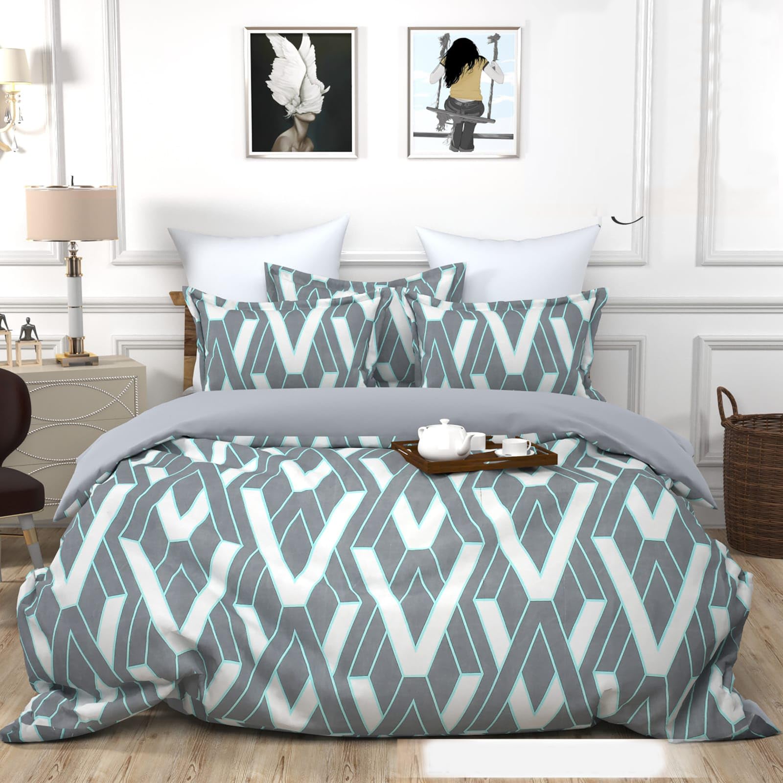 ARIHANT BEDSHEET Geometric Duvet Cover Set, Grey and Mint Pattern, Glace Cotton Available in Two Sizes (Twin)-image-17