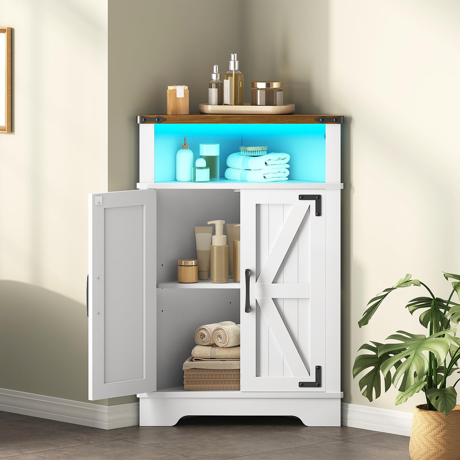 HOOBRO Eckschrank mit LED-Streifen, Küchenschrank, Aufbewahrungsschrank | Küchenschrank mit Verstellbarem Einlegeboden und Offenem Fach, Eckkommode für Wohnzimmer, Bad, Weiß und Walnuss EWH119DCJ01