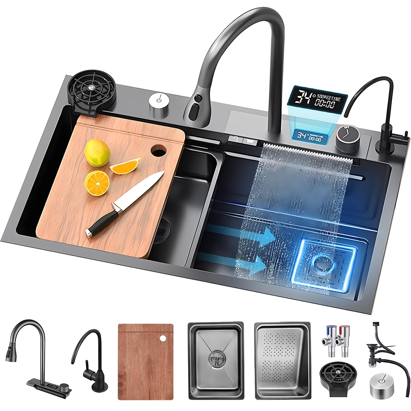 KOOGIMDDR 75 x 45 cm Stainless Steel Kitchen Sink With Waterfall Nano Coating and 3-in-1 Pull-Out Tap, Multifunctional Single Bowl, Cutting Board and Cup