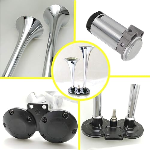 Miniatura 3 de Bocina de aire para coche, 12 V, 150 DB, trompeta, camión, bocina de aire, doble tubo, cromado, plateado, zinc, bocina de aire con compresor para
