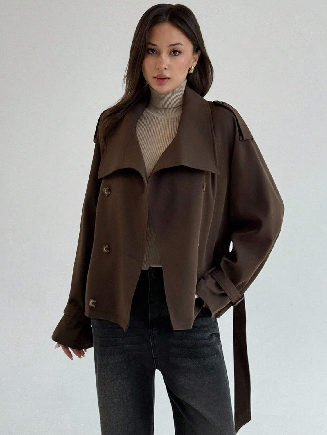 Womens Fashion Trench Outwear Casual Solid Color Double-Breasted Trench Coat Jacket Coat