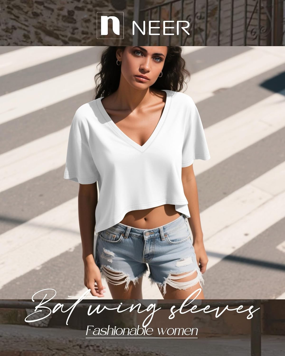 Neer 4 Pack Women's Oversized Crop T Shirts Summer V Neck Short Sleeve Tops Irregular Hem Baggy Top - Image 6