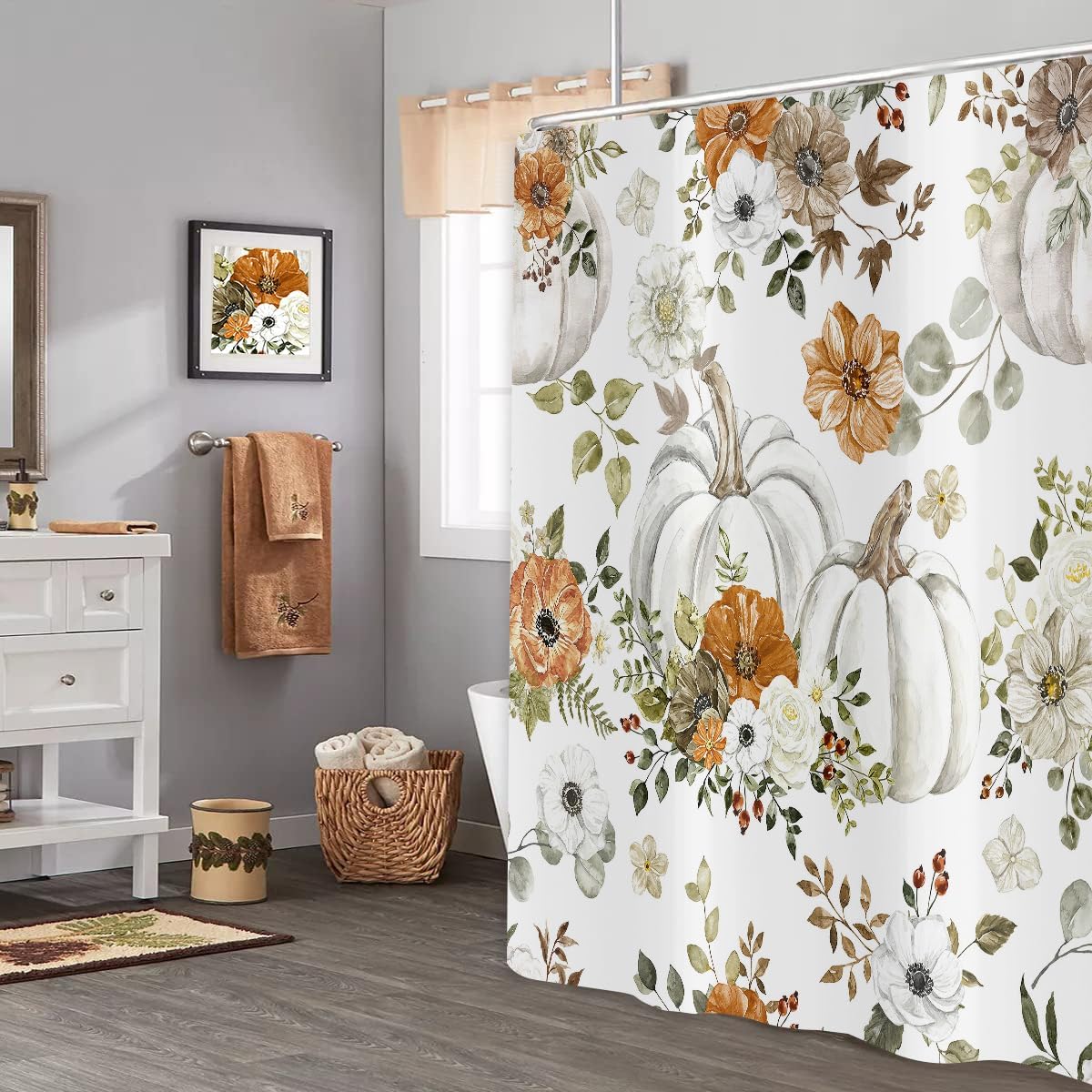 Fall Watercolor Pumpkin Shower Curtain, Autumn Thanksgiving Harvest Pumpkins with Floral Bathroom Curtain Bathtub Home Decor Waterproof Fabric Machine Washable with 12 PCS Hooks,72" Wx72 L