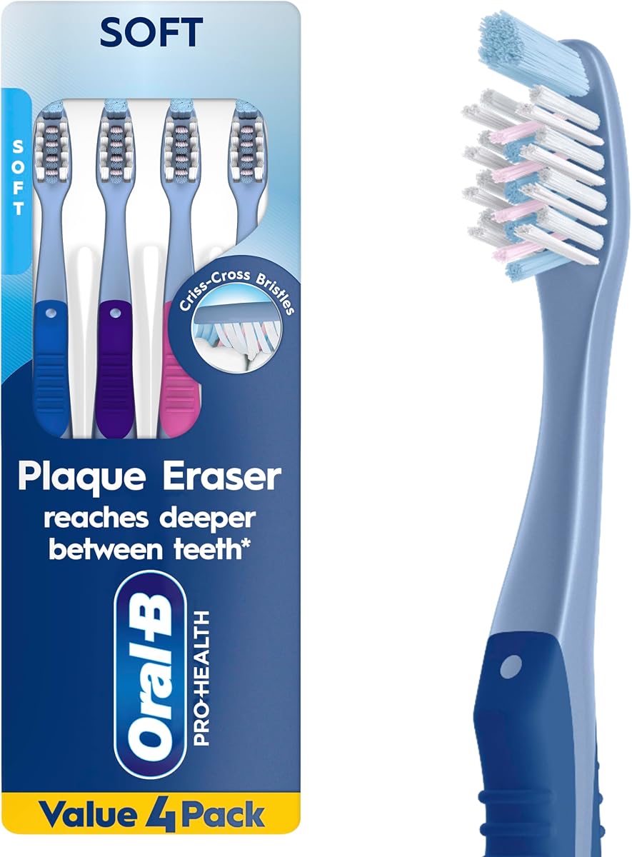 Cepillo de dientes manual Pro-Health Plaque Eraser, llega más profundamente entre los dientes, suave, 4 unidades
