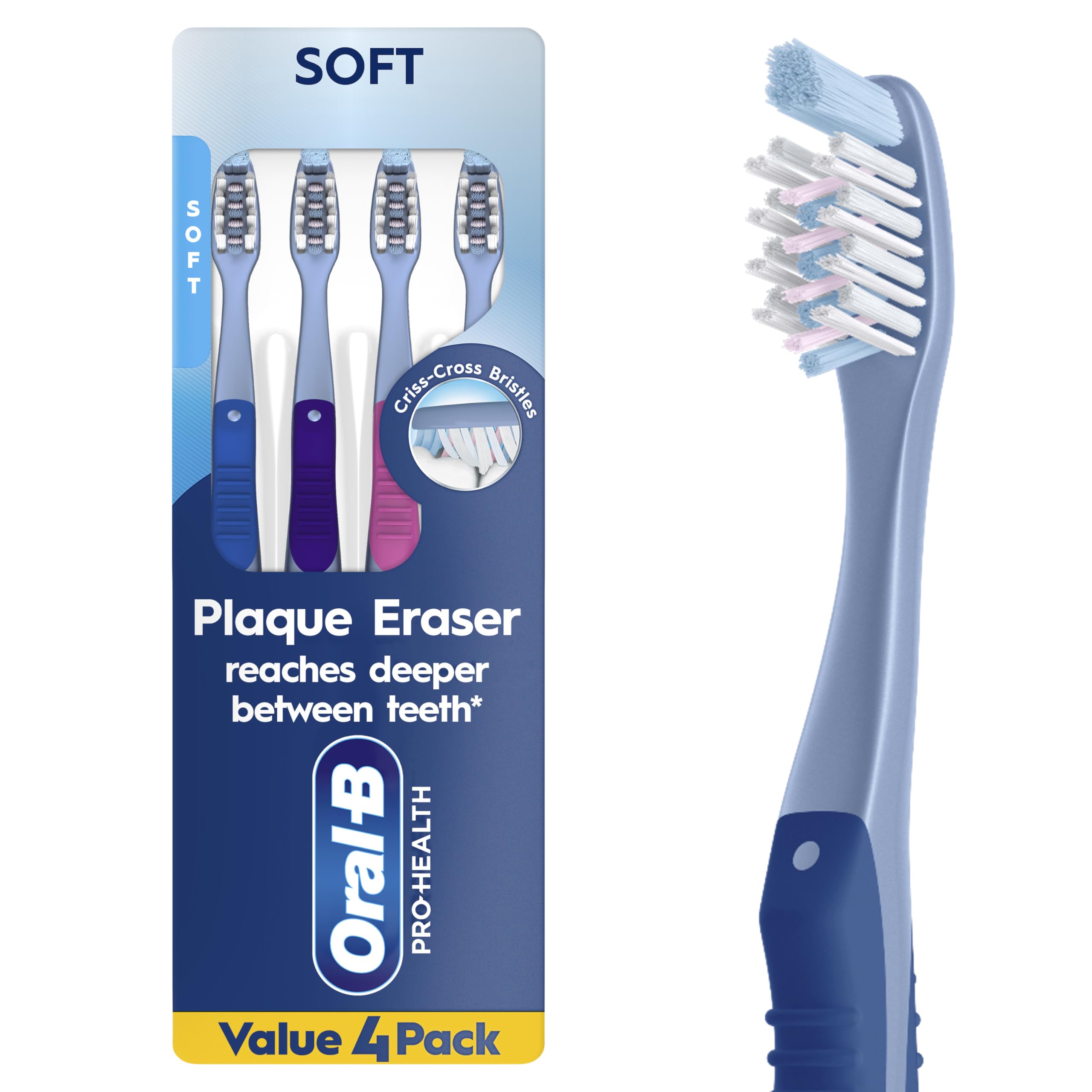 Oral-B Toothbrush Pro-Health Plaque Eraser Manual Toothbrush, Reaches Deeper Between Teeth, Soft, 4 Count