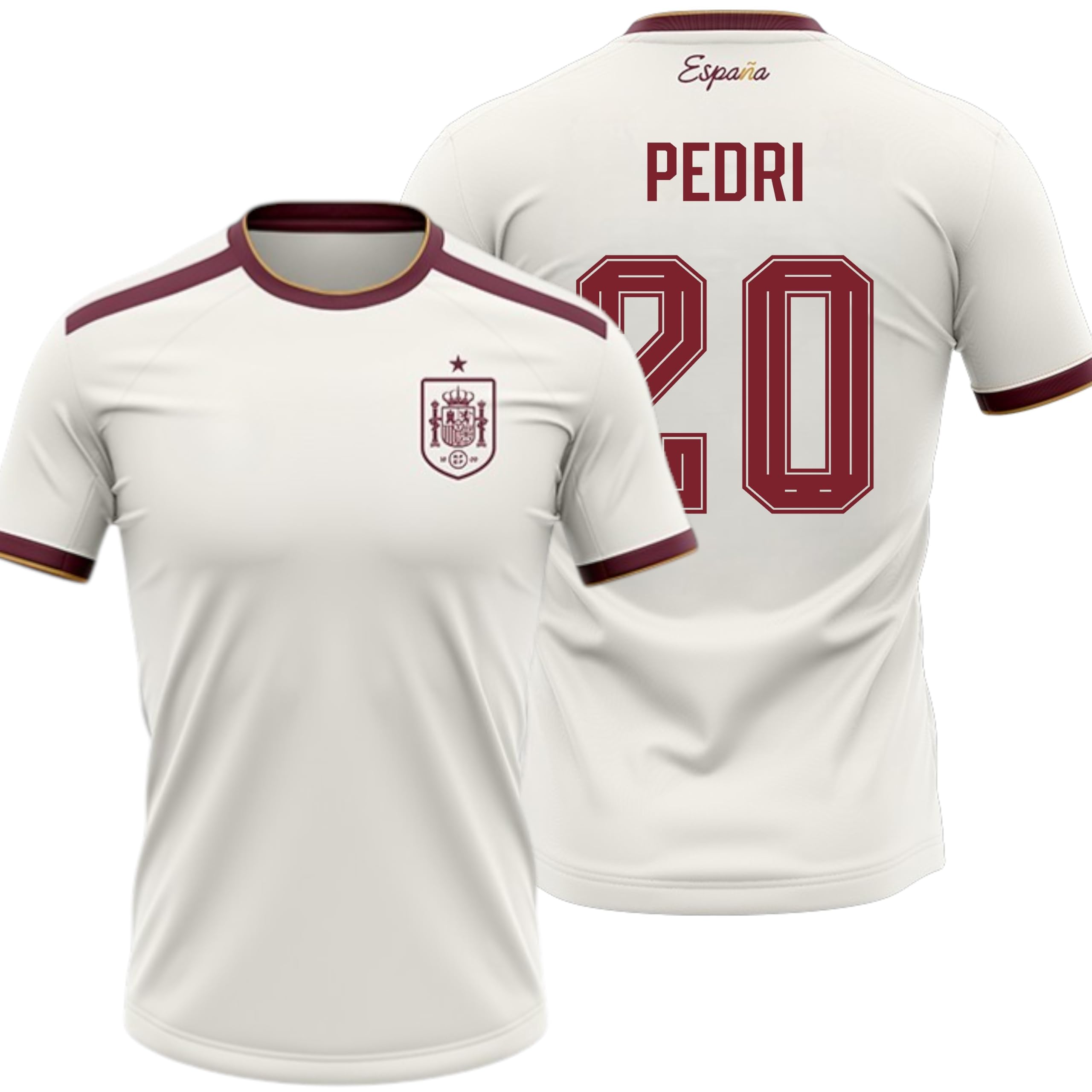 Selección Española Camiseta Segunda Equipación 2026-2028 Pedri 20 con Nombre y Dorsal, Color Blanco con Detalles Granate, Manga Corta, Tejido Deportivo Transpirable