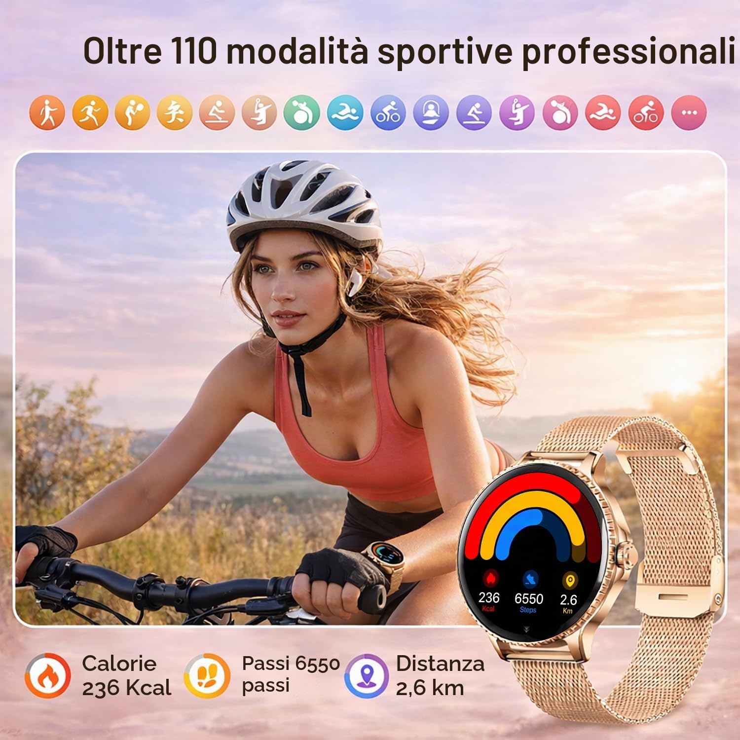 Smartwatch Donna, Orologio Intelligente Rotondo 1,27" HD con Chiamate Bluetooth, 2 Cinturini, Cardiofrequenzimetro SpO2 Sonno Contapassi, Orologio Fitness IP68 Impermeabile per Android/iOS, Oro rosa