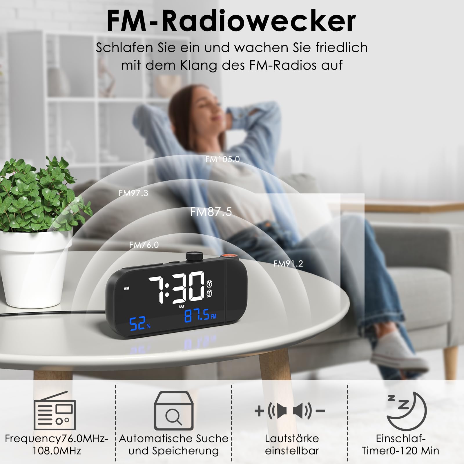 MOSUO Wecker mit Projektion, Radiowecker mit Temperatur und Luftfeuchtigkeit, Digital Projektionswecker, Lauter Digitaler Wecker für Schlafzimmer, mit 2 Weckzeiten, Sprachaktiviert, Dimmer, 7 Musik