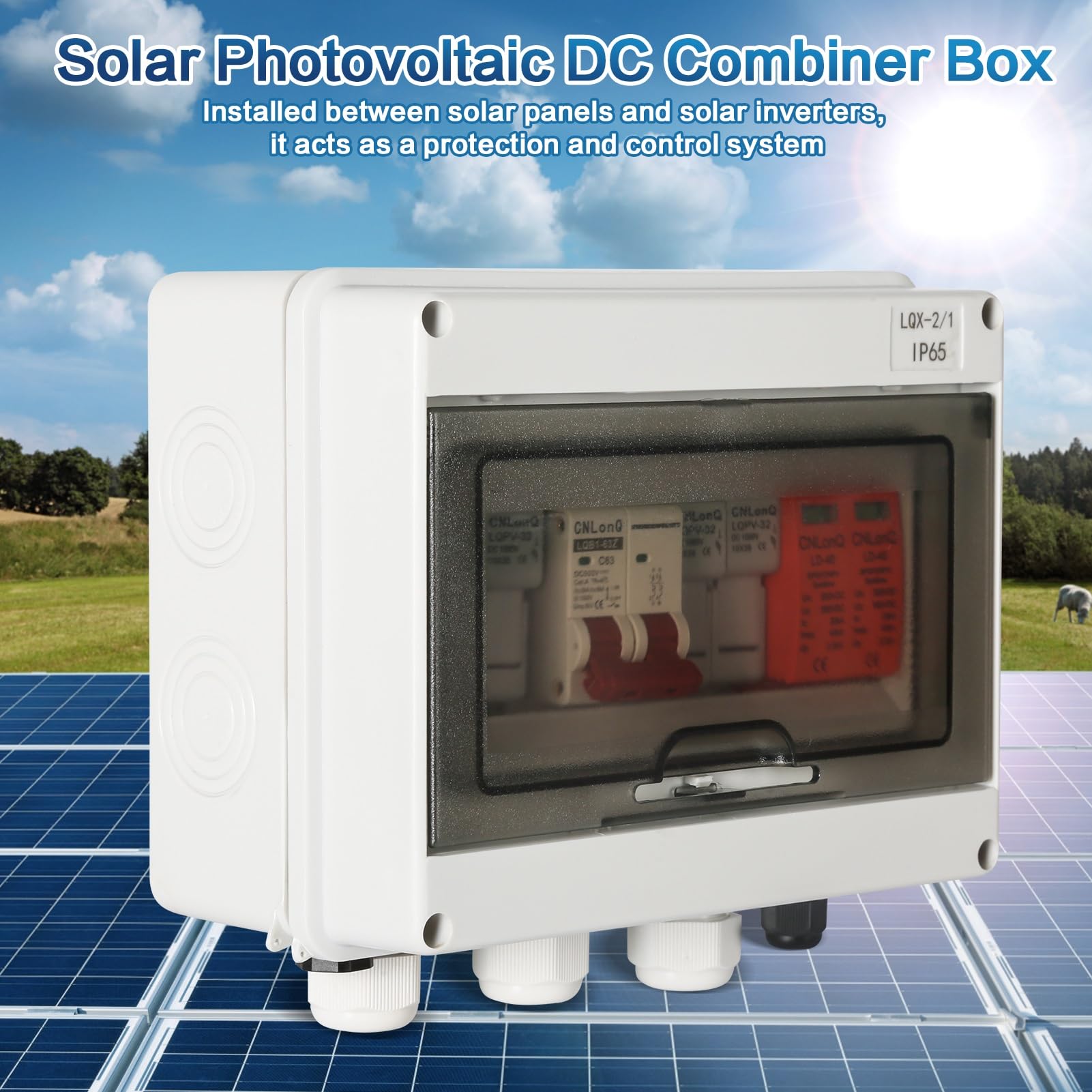 DEWIN Scatola Combinatrice Fotovoltaica,500V 63A Scatola di Collegamento Solare PV Scatola di Distribuzione Combinata con Scaricatore di Sovratensione e 30A Fusibili per Pannelli Solari Sistema