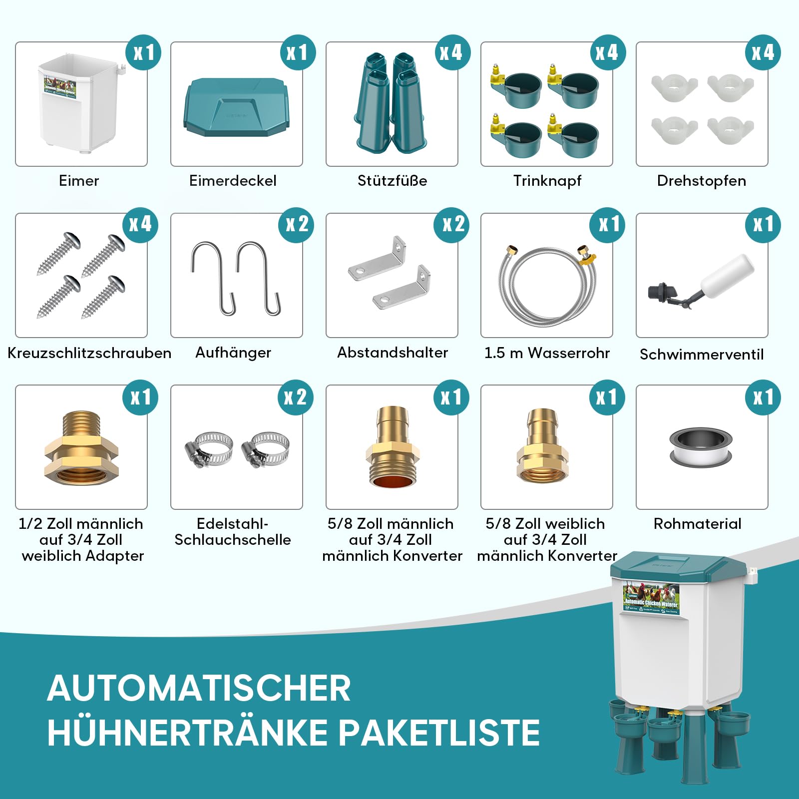 CHAMUTY Futterautomat Hühner, 7 Liter Hühnertränke Tränke Hühner, Automatische Geflügeltränke für Geflügel Mit 1,5m Wasserleitung, Schwimmerventil, Hühnerzubehör, Bruchfester langlebiger Kunststoff
