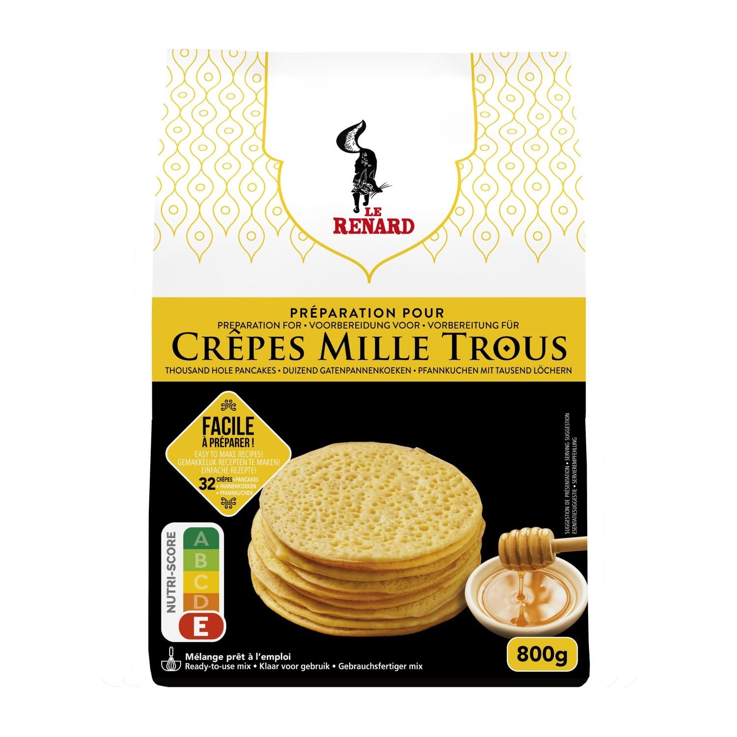 Gagnez du temps en cuisine avec la préparation Crêpes Mille Trous LE RENARD, mélange prêt à l'emploi pour 32 crêpes, format familial 800g - Lot de 3