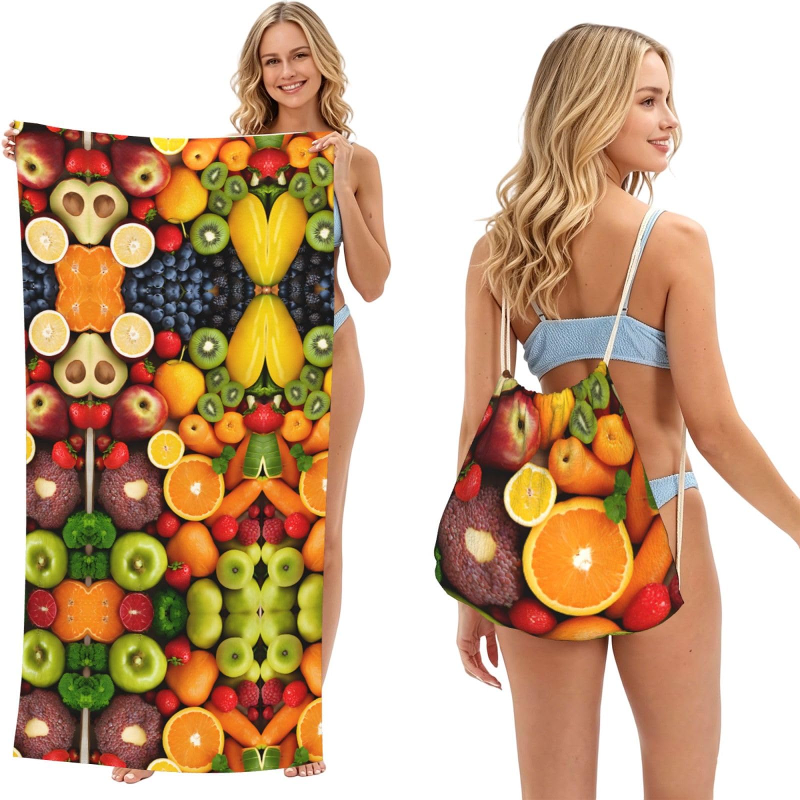ESNAIUVCD Fruit Rainbow Print Beach Towel For Adults,Towel With Drawstring Bag, Travel Pool Swimming Sports Shower Sand Free Quick Dry Bath Towel For Pool, Beach, Yoga- 180x60cm