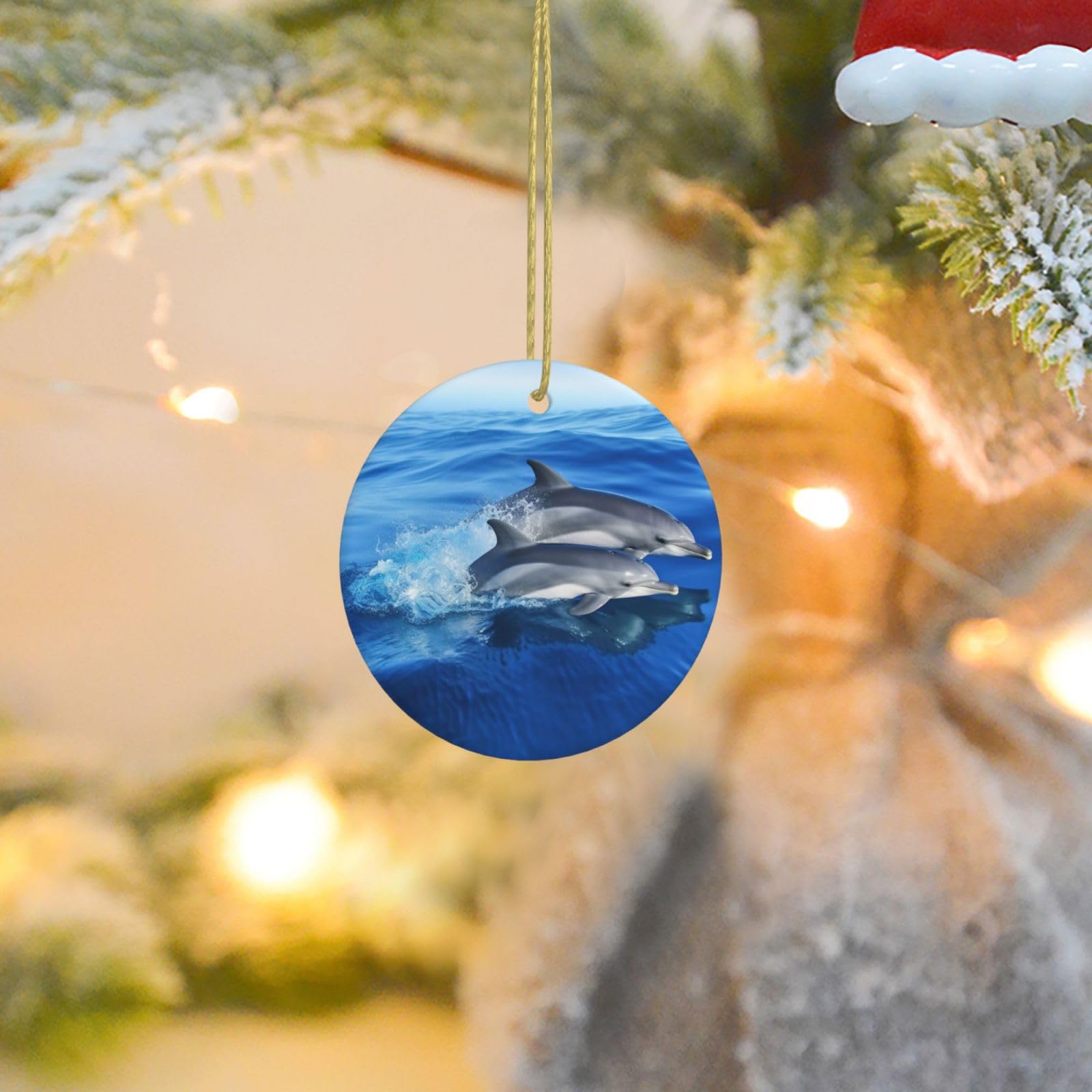 Christmas Ornaments for Christmas Tree Decoration Ceramic Hanging Dolphin Family Ornament with Gold Ribbon Crafts Round Pendant for Keepsake Gifts Glass Xmas Decor Party Supplies