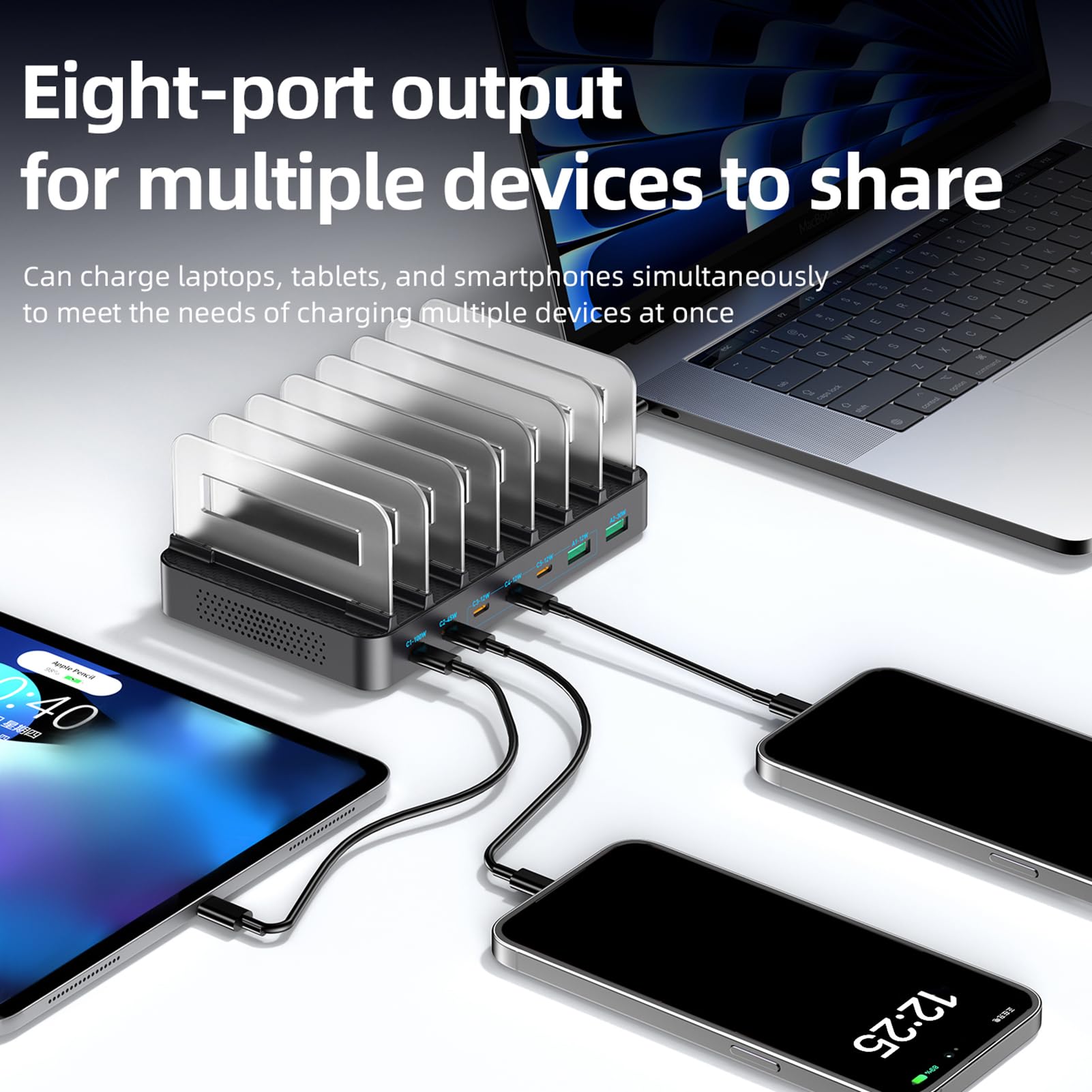 Dpofirs Stazione di Ricarica 288W, Caricatore USB a 8 Porte per Dispositivi Multipli, 8 Porte, for Casa Ufficio Scrivania (Spina europea)