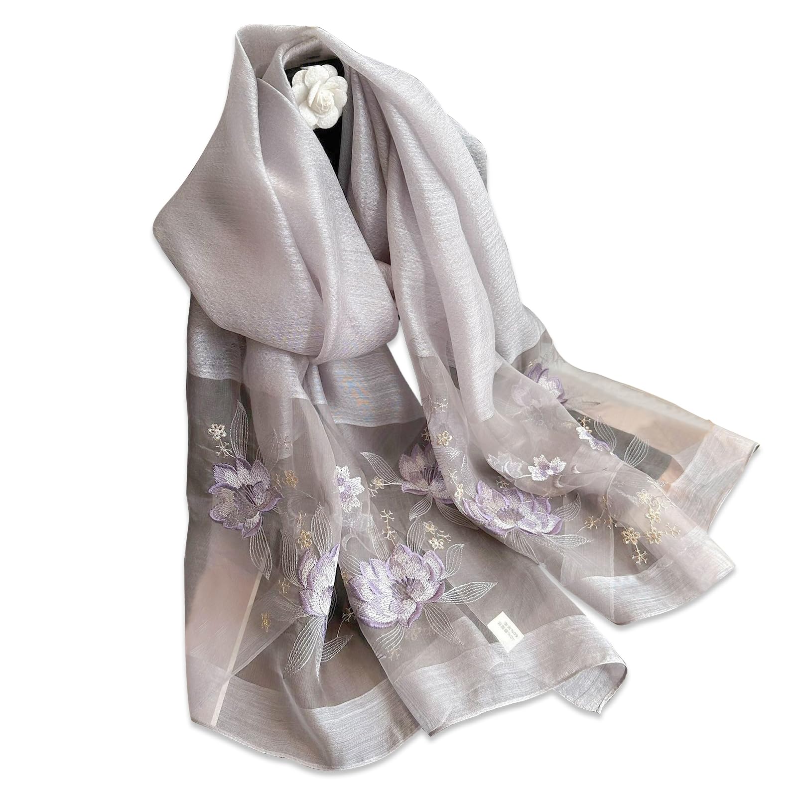 LumiSyne Mulberry Silk Scarf Chiffon Scarf For Women Delicate Lotus Flower Embroidery Transparent Tulle Lightweight Soft Long Scarf Sunscreen Shawl Sheer Wrap Spring Autumn