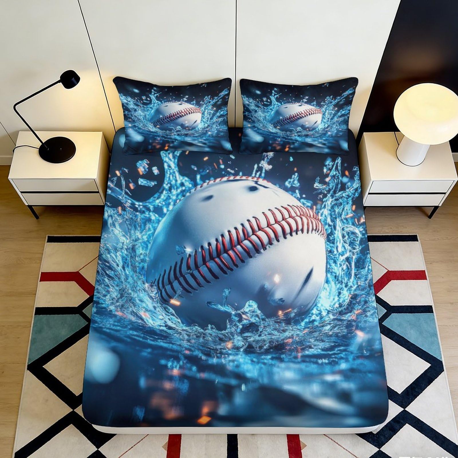 3D Printed Splash Baseball Fitted Sheet Microfiber Soft Waterproof Bed Cover Decor for Bedroom Guest Room Dorm 90x200x25cm