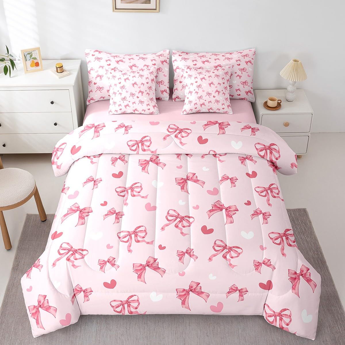 Erosebridal Pink Ribbon Bow Bedding Set Cute Kawaii Bowknot Queen Comforter Set 7 Piece for Kids Girls Teen Women,Dreamy Princess Style Bed in A Bag Watercolor Love Heart Pink Bed Set