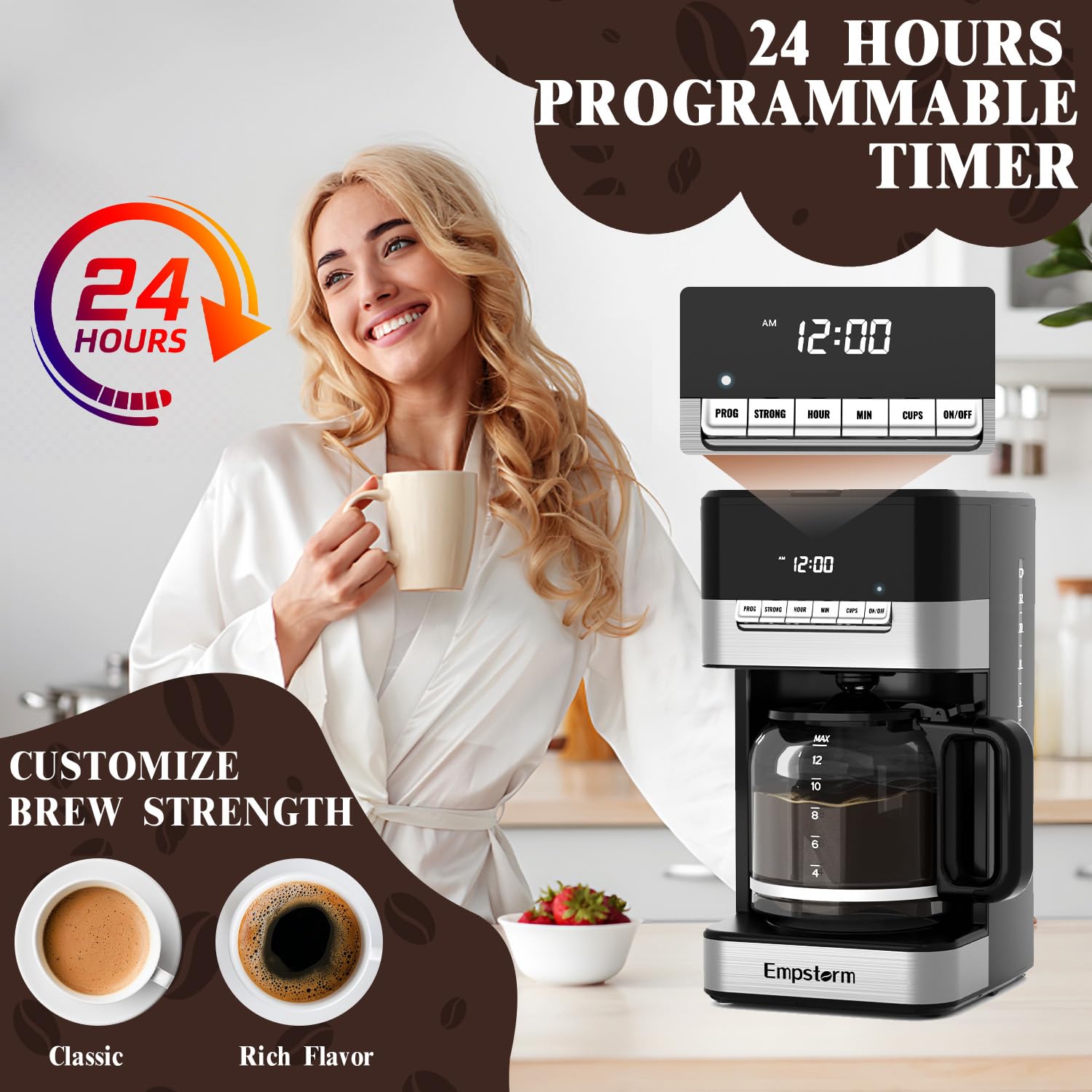 Empstorm Programmable Drip Coffee Maker 4-12 Cup, 1000W Fast Brew Coffee Machine with Glass Carafe, 4-Hour Auto Shut Off & Keep Warm, Anti-Drip System, Strong Brew, Coffee Pot For Home Use