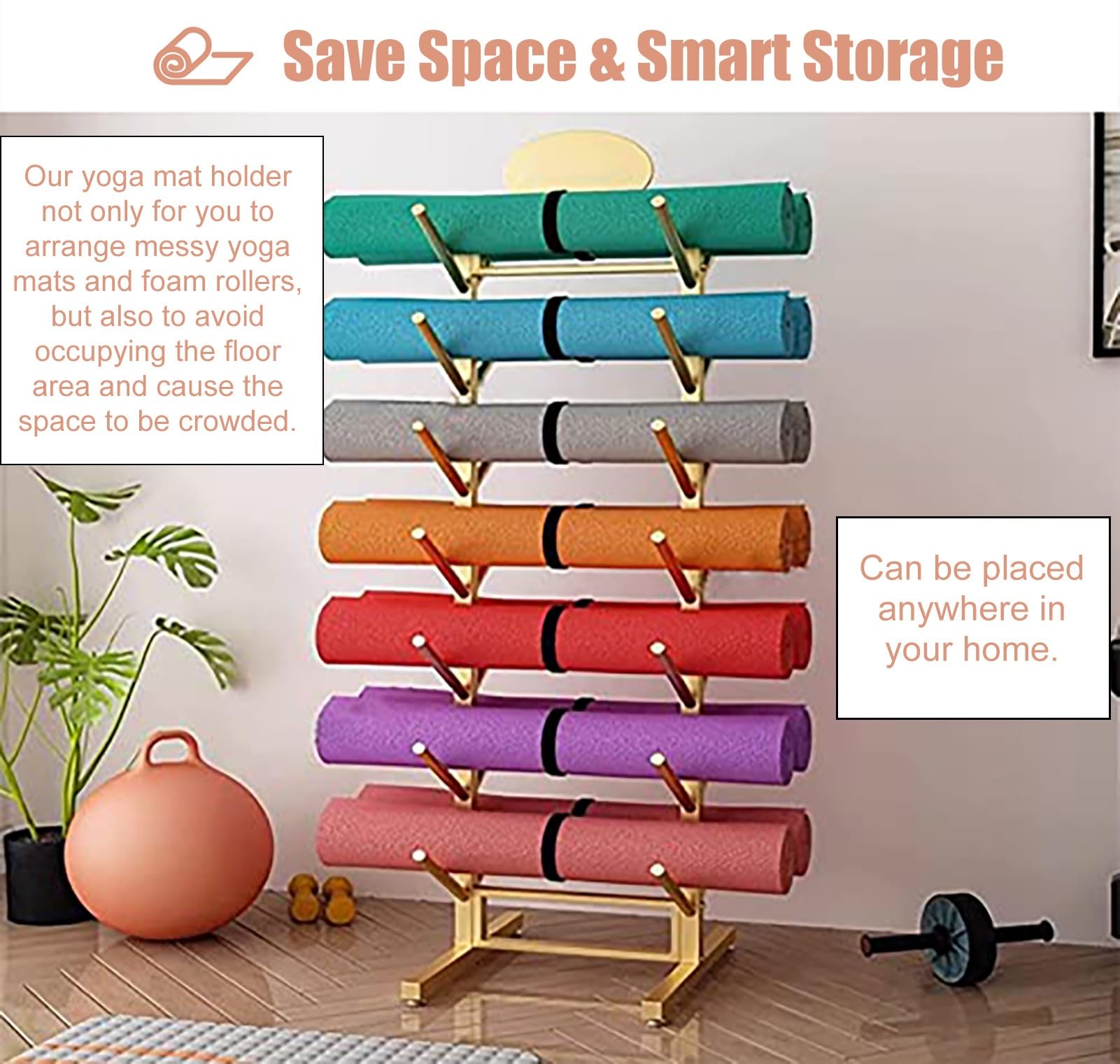 Stojak na matę do jogi, dwustronny metalowy regał do przechowywania w domu, na siłownię i do biura, trwały organizer na sprzęt sportowy, kompaktowa konstrukcja (
