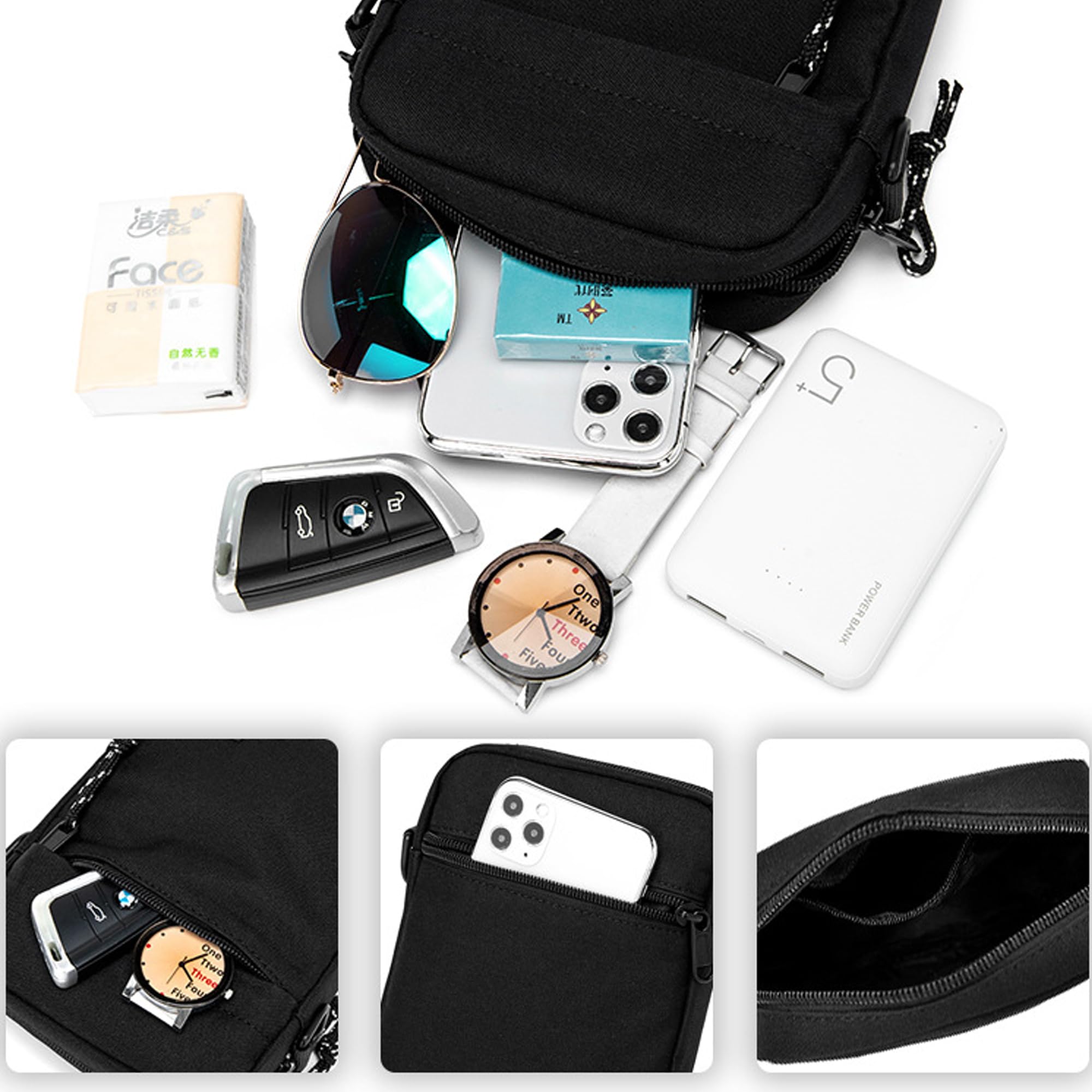 Borsa A Tracolla Per Cellulare Uomo/Donna - Portafoglio E Telefono, Mini Crossbody In Poliestere, Con Cerniere, Tracolla Regolabile, Compatta 13x19x4,5 Cm, Nero - 3