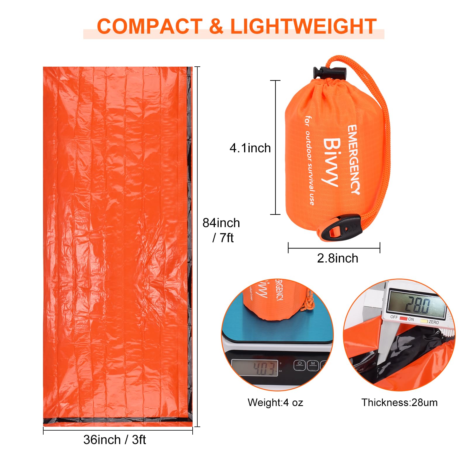 Emergency Sleeping Bag 4 Pack Survival Sleeping Bag with Whistles Thermal Emergency Bivy Sack Sleeping Bags Portable Emergency Blanket for Outdoor Hiking Camping (Orange)