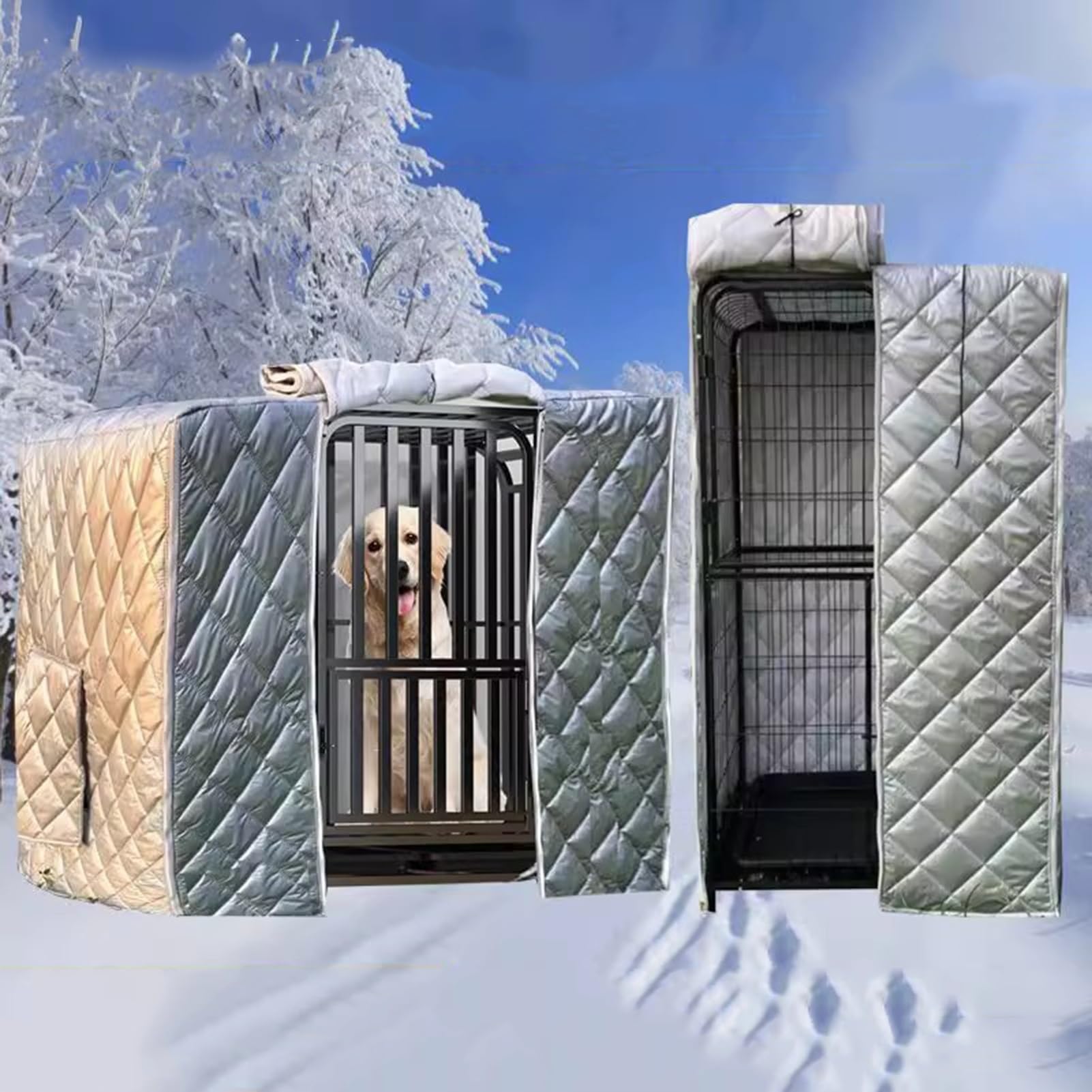 Resistente A La Nieve Tela Oxford Aislante Funda Caseta Perro Resistente Impermeable Ajustable Sombra Manta Cálida Paneles Doble Cremallera Cortinas Transparentes Funda(A-Silver,110x73x98cm)