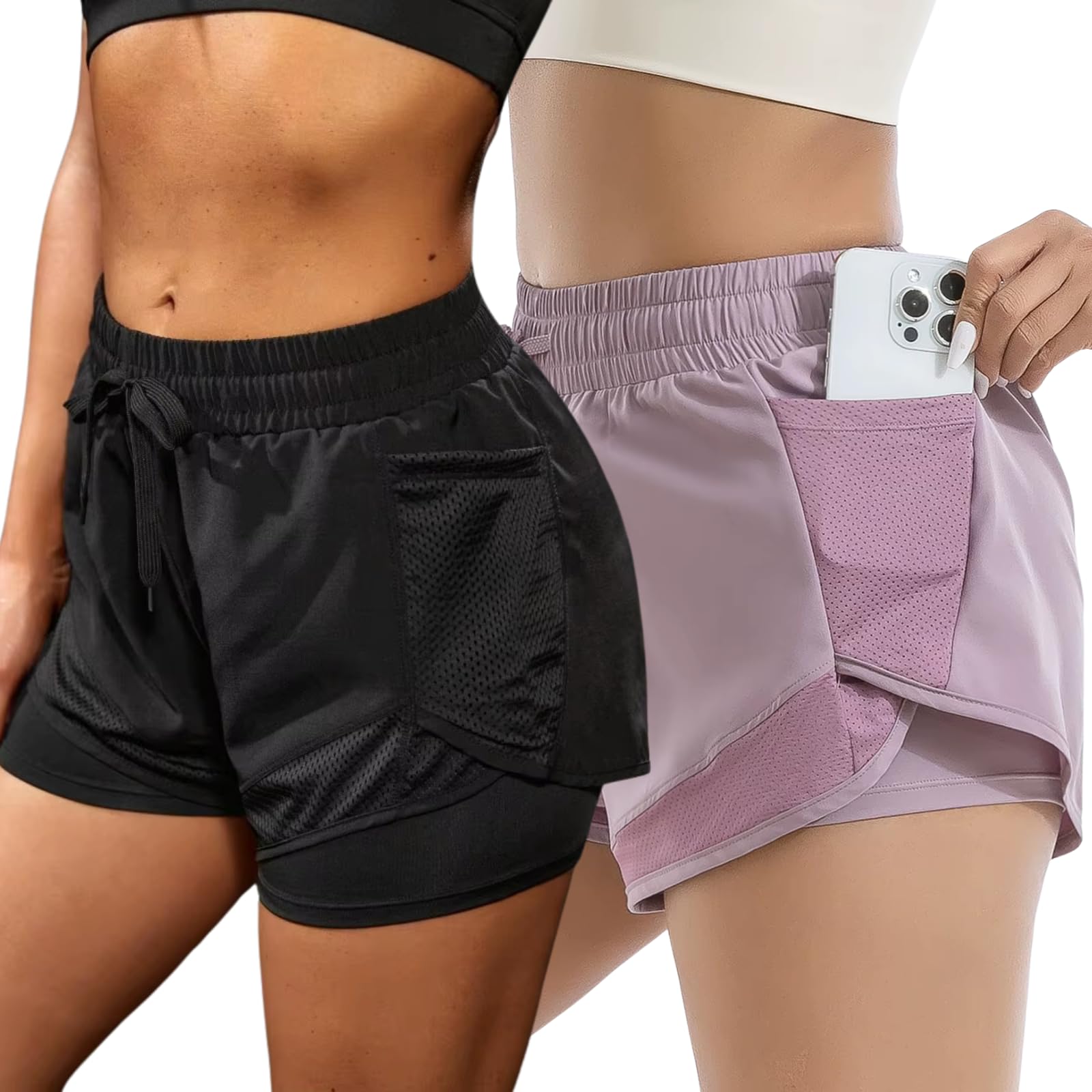 Genérico Pack de 2 Pantalones Cortos Deporte Mujer 2 en 1 con Legging Integrado Shorts Running Mujer Mallas Cortas Deportivas Fitness Yoga y Gimnasio