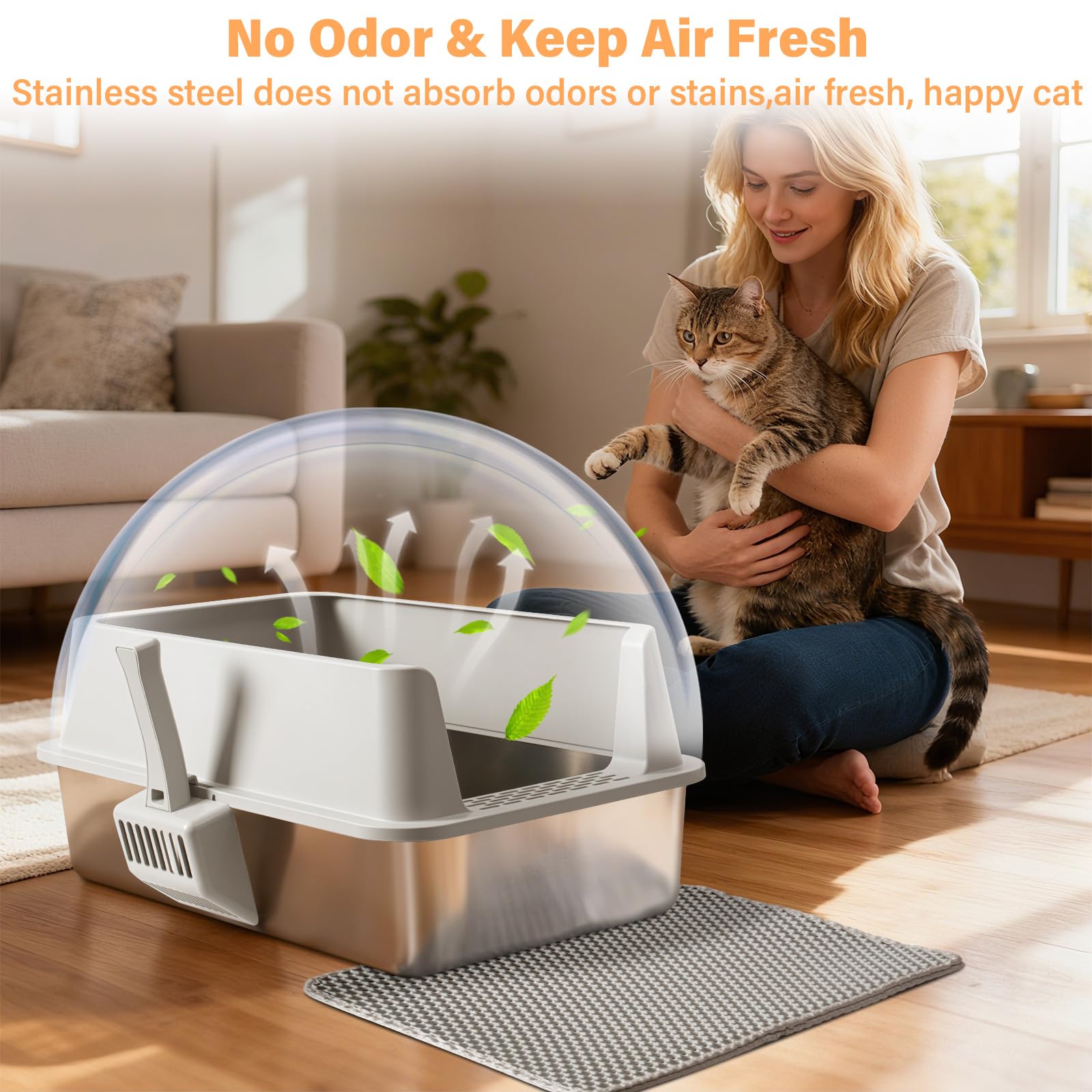2PACK Stainless Steel Litter Box, XL Cat Litter Box with Lid for Big Cat, Extra Large Metal Litter Boxes with High Side, Non-Stick, Odor-Resistant, Anti-Urine Leakage, Includes Mat & Scoop - image 7