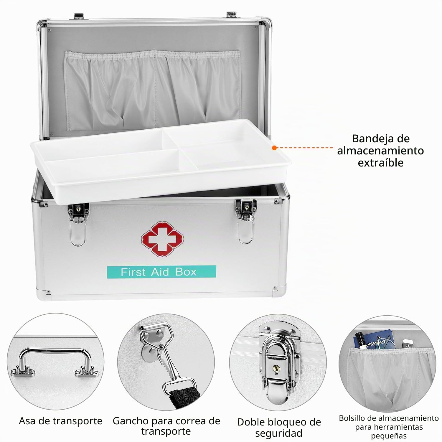 QWORK® Gran botiquin aleación Aluminio, 40.5 x 22 x 23 cm Caja medicamentos con Cerradura