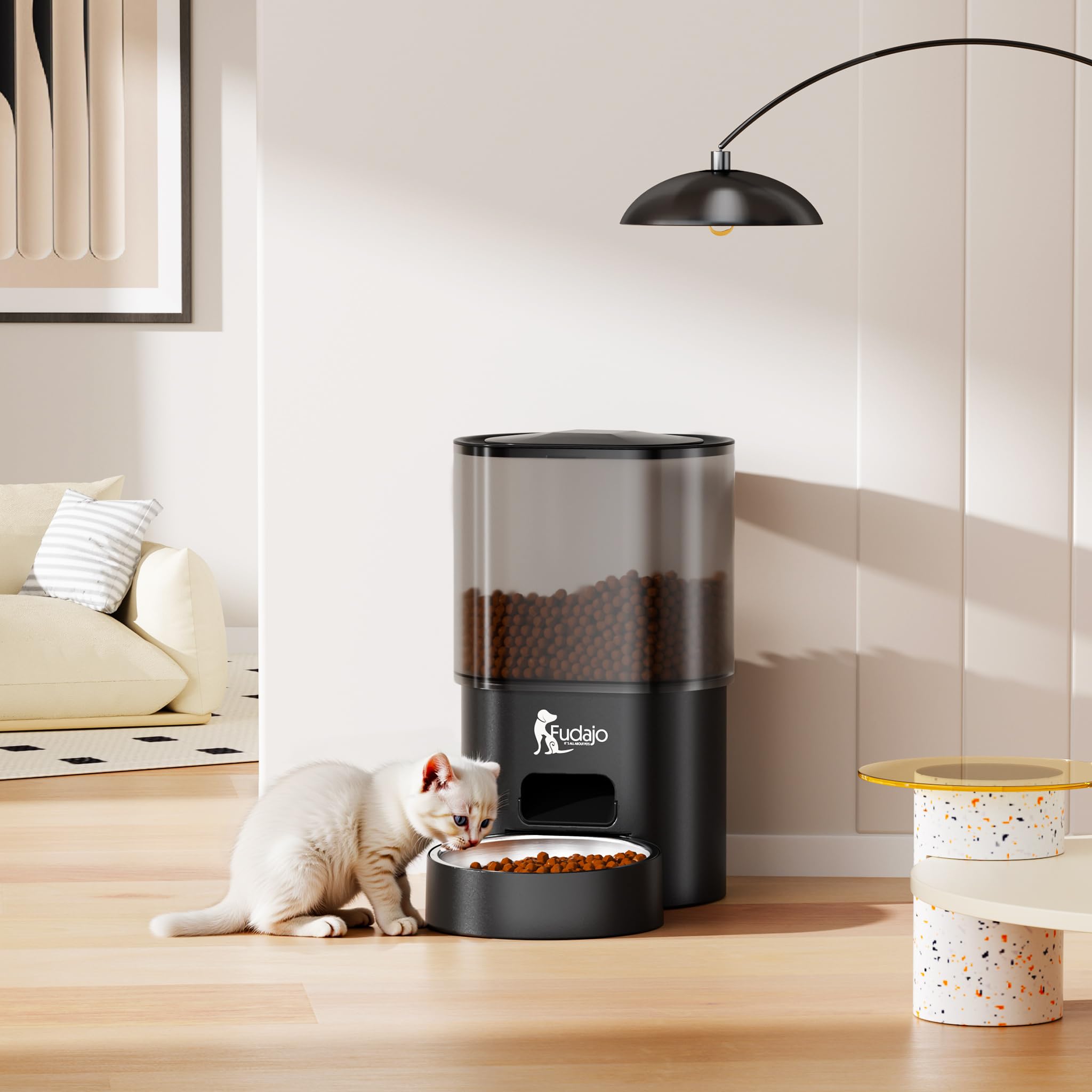 Fudajo Futter- und Trinkautomat für Katzen & Hunde in Schwarz, 3 L Futterspender und 2,5 L Trinkbrunnen, Fütterung mit App-Steuerung für Trockenfutter