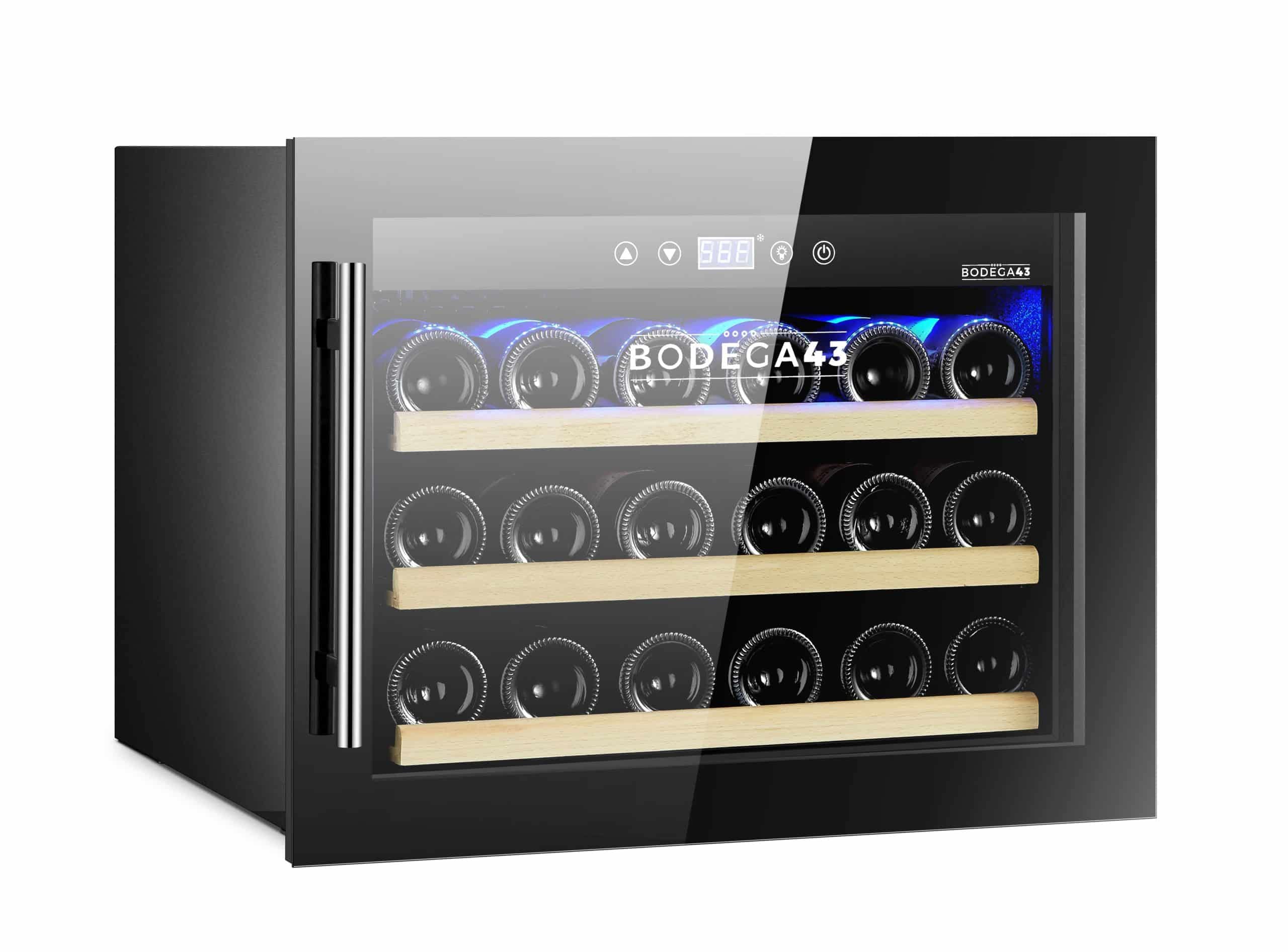Piccola cantinetta frigo da incasso BODEGA43-18C - Cantinetta frigo 18 bottiglie, Triplo vetro oscurato, 5-20 ºC, 60 Litri, 3 Cassetti in legno di faggio di cui 2 estraibili, 38 dB molto silenziosa.